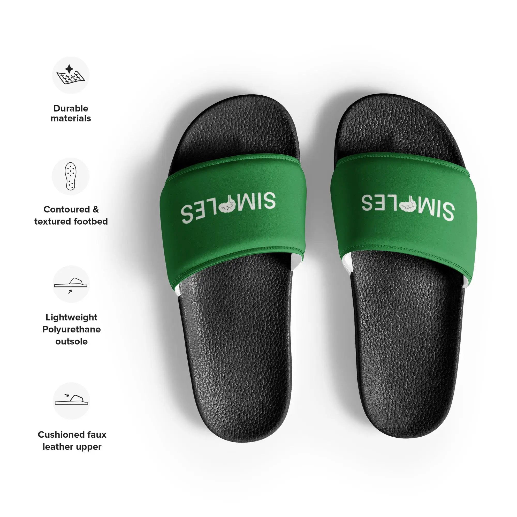 Men’s Slides by Simples Market, green strap sandals with black textured footbeds, 2 slides.
