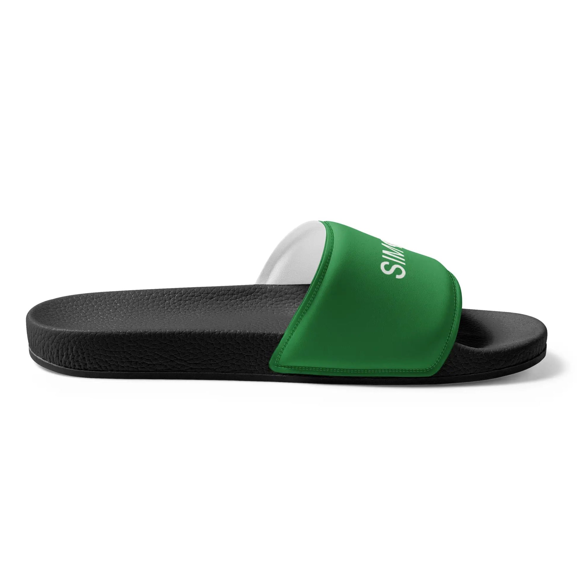 Men's Slides by Simples Market, green strap with white branding and black textured sole.