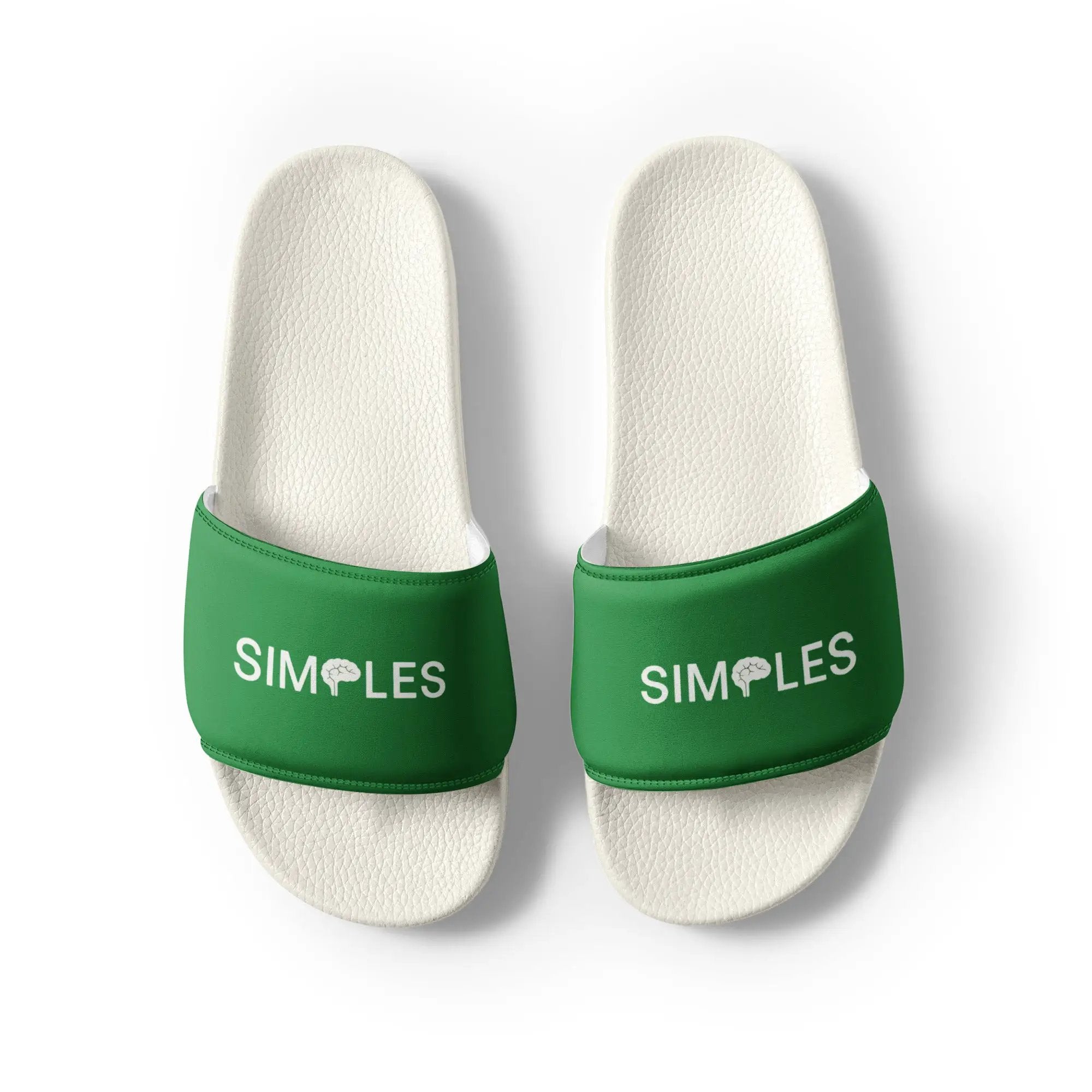 Men’s slides by Simples Market; pair of white textured footbeds with green straps.
