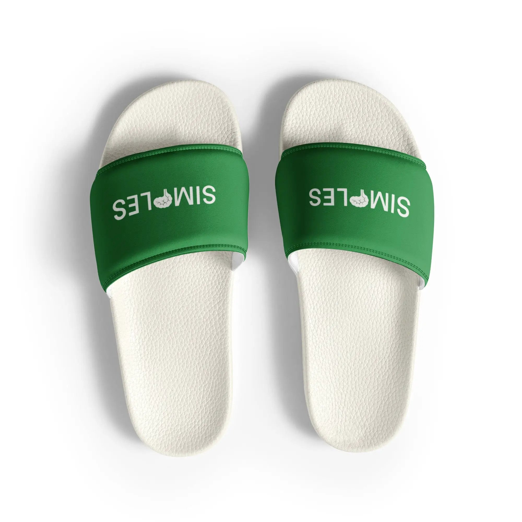 Men’s Slides by Simples Market, white textured soles with green straps and logo, 2 slides.