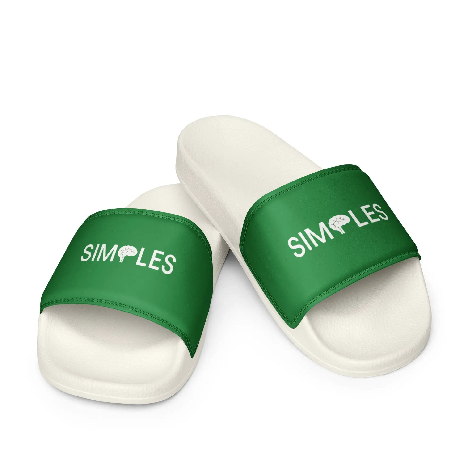 Men's slides by Simples Market; white bases with green straps, 3 pairs shown