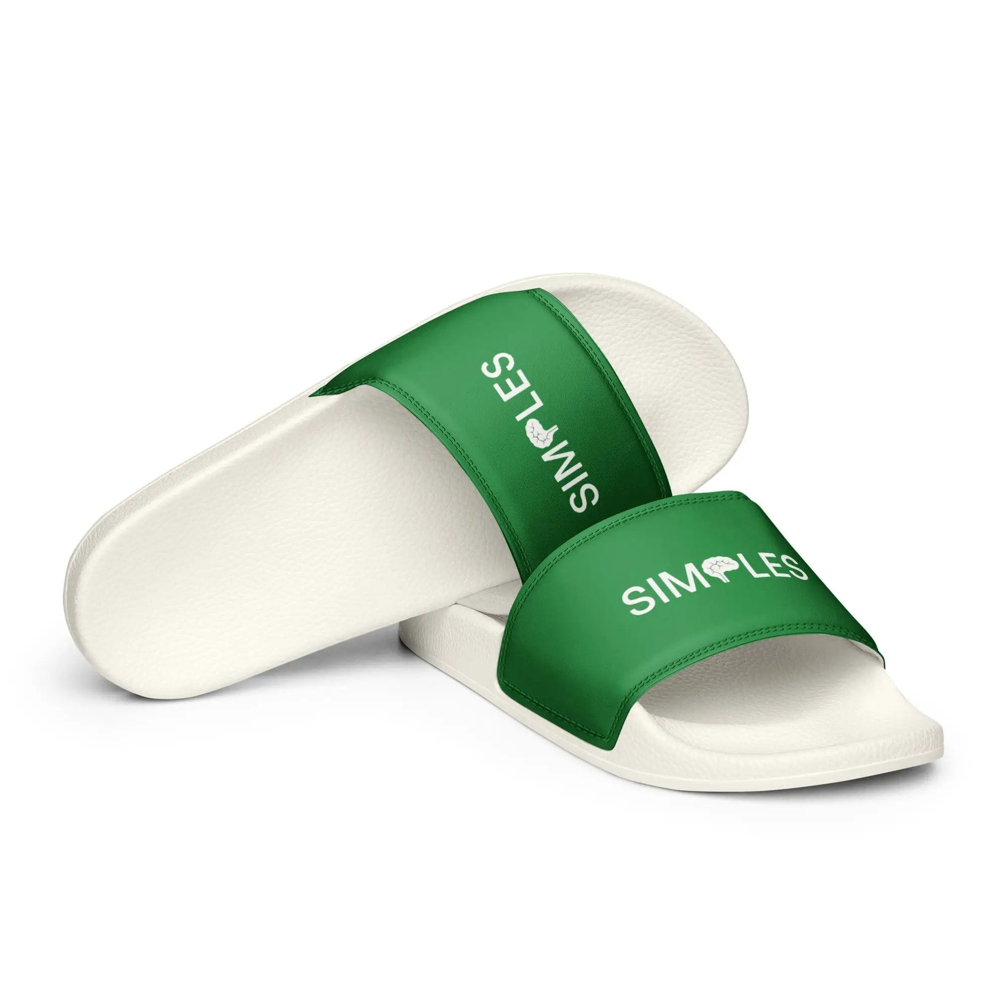 Men’s Slides by Simples Market; white sandals with a green strap displaying the Simples Market logo