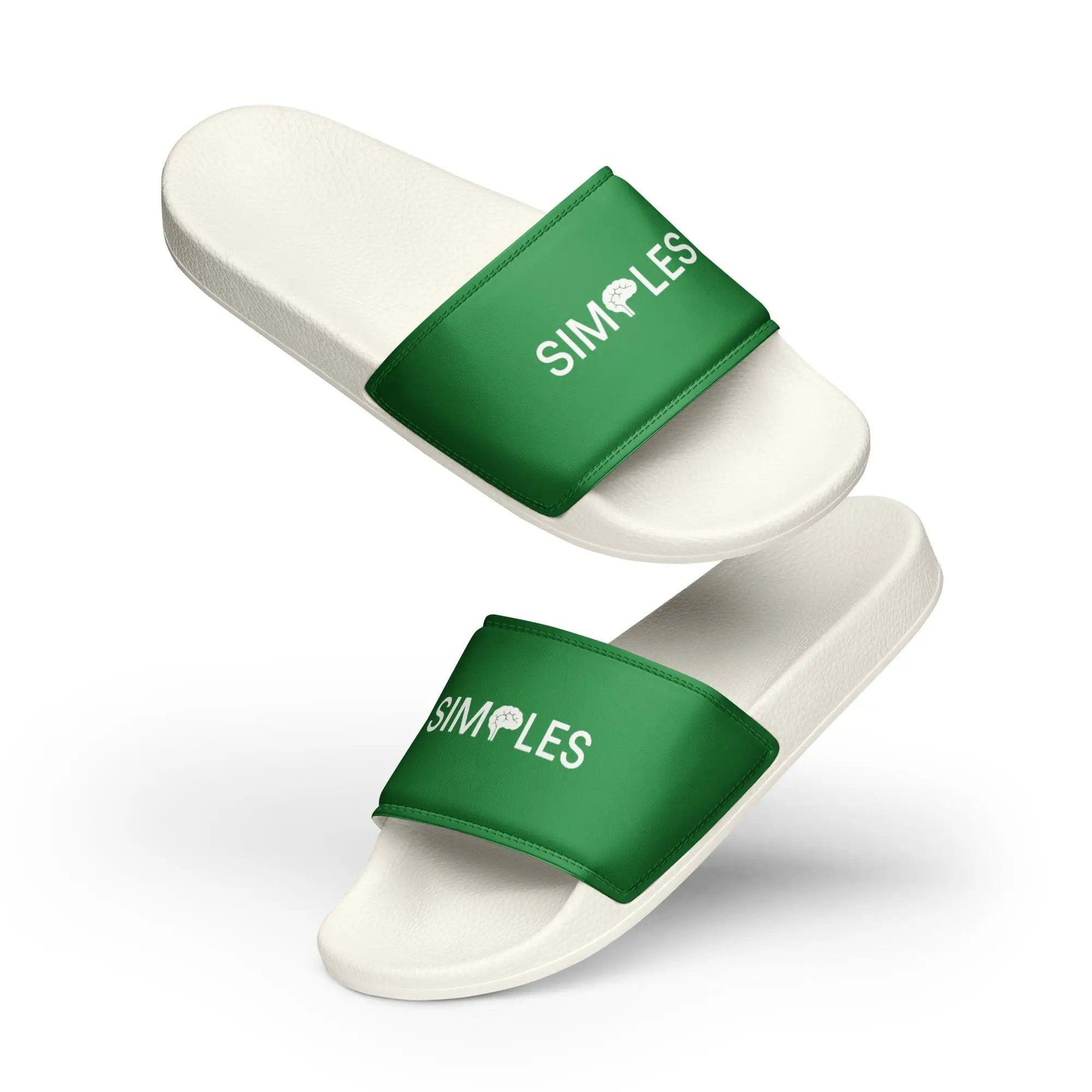 Men’s Slides by Simples Market; white soles with green straps, three slides shown.