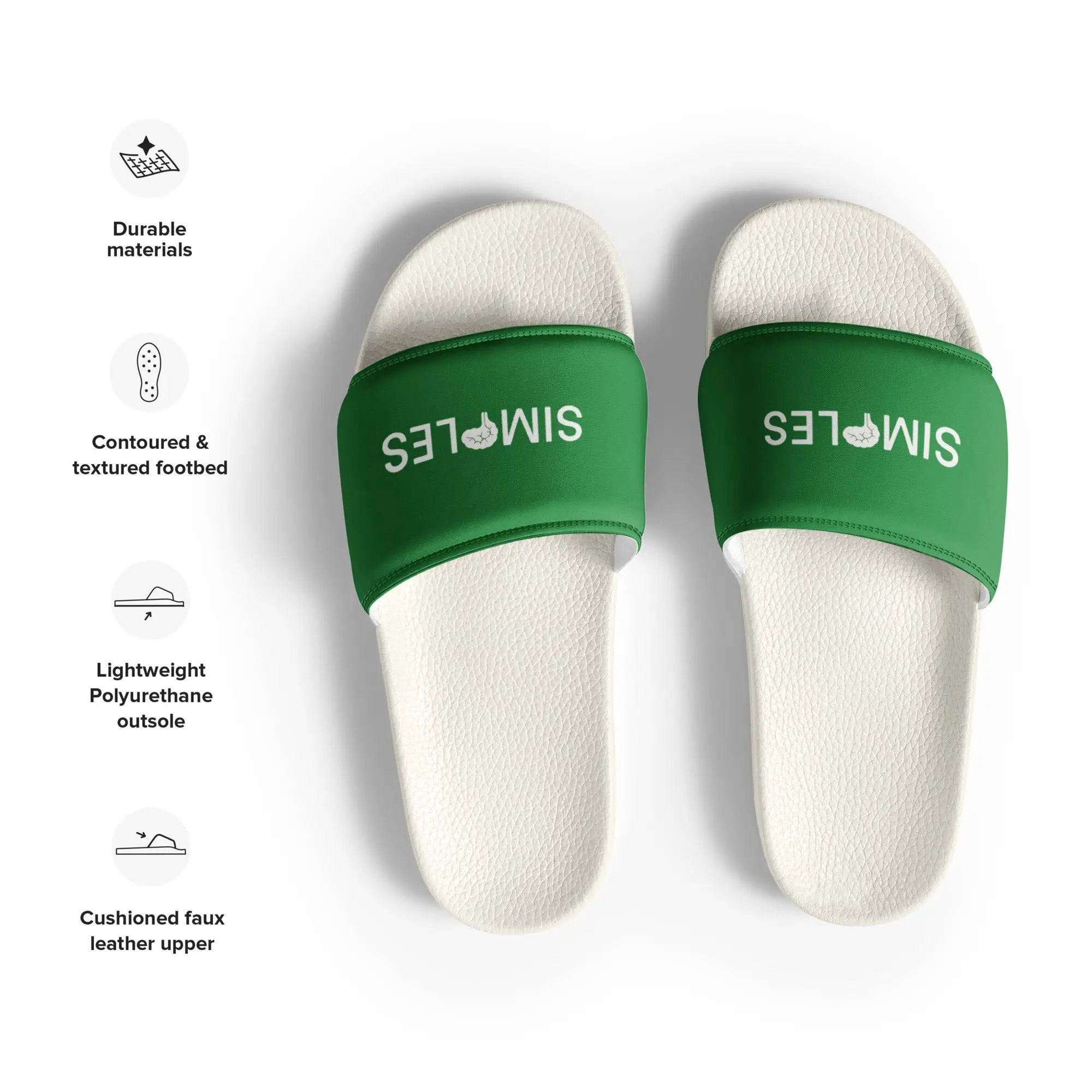 Men’s Slides by Simples Market, white textured footbeds with green straps, pair (2 sandals)