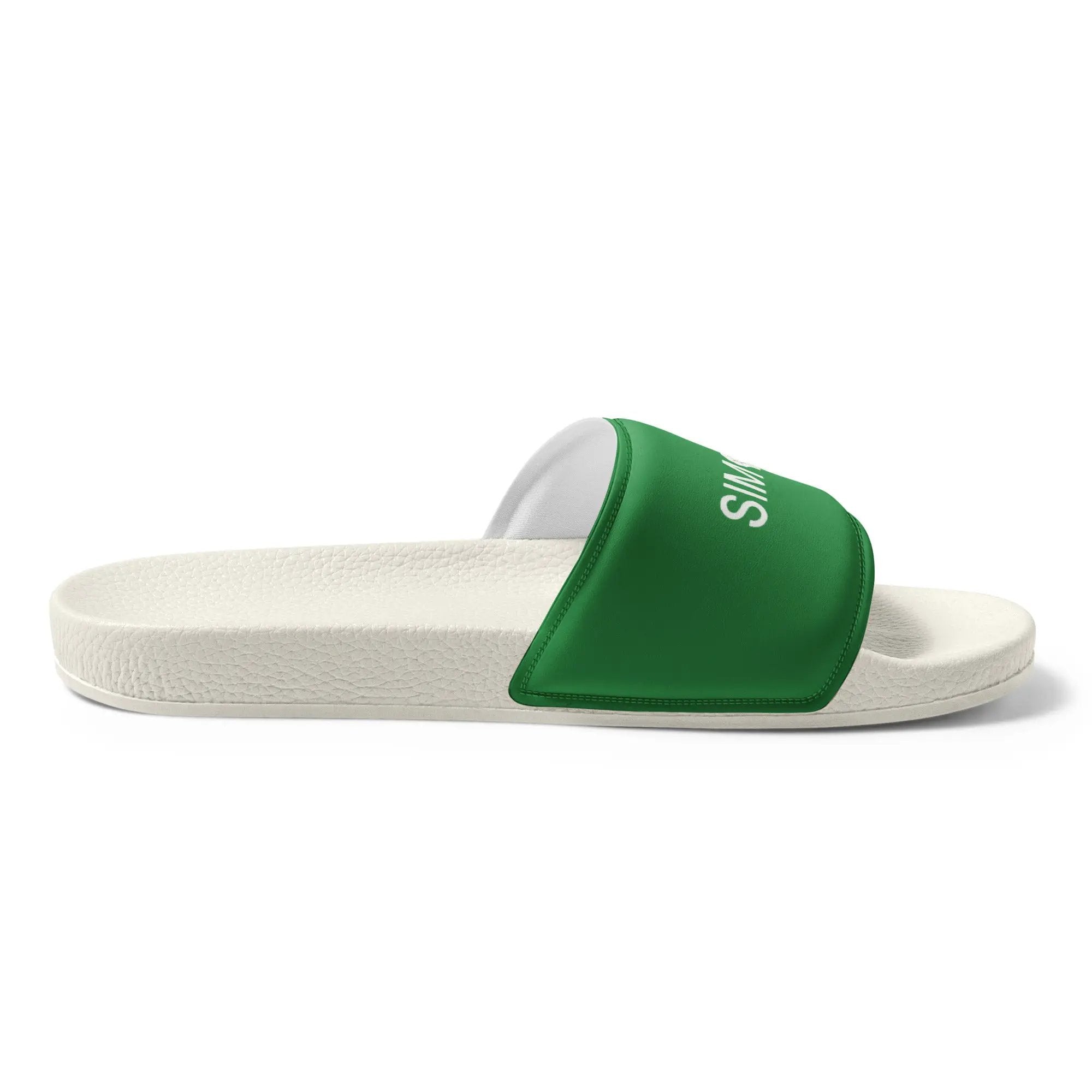 Men's slides by Simples Market, green strap with white textured footbed.
