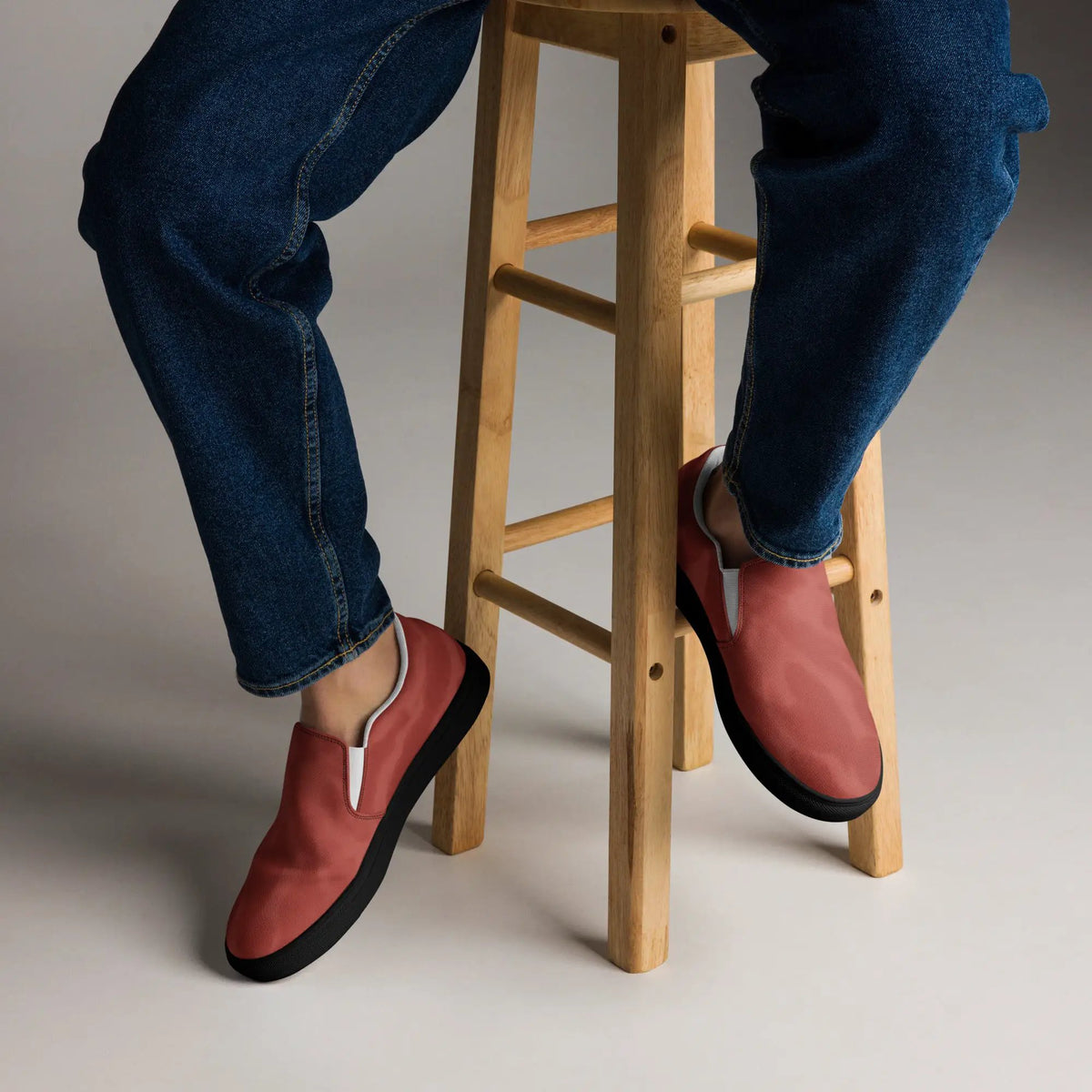 Men's slip-on canvas shoes by Simples Market; red uppers, white accents, black soles (pair)