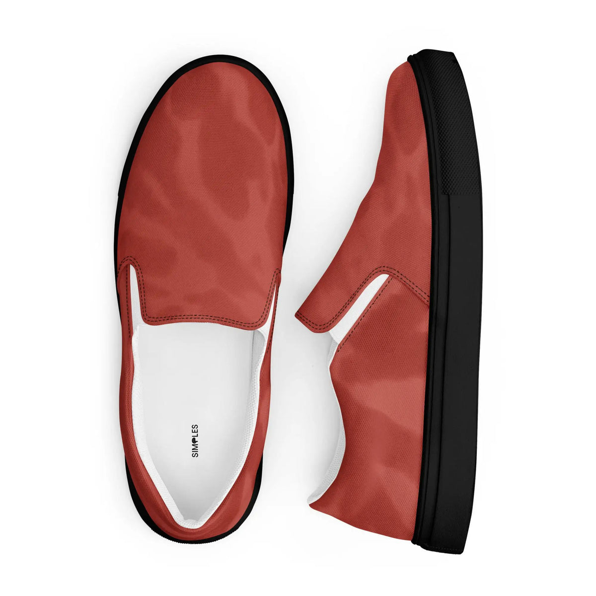 Men's slip-on canvas shoes by Simples Market, red uppers with black soles; pair shown