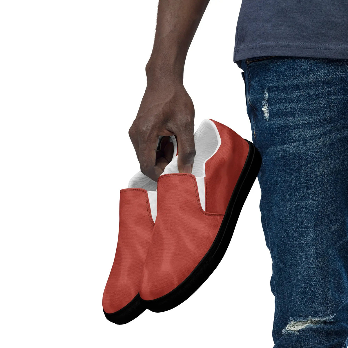 Men’s slip-on canvas shoes by Simples Market; red upper, white interior, black sole