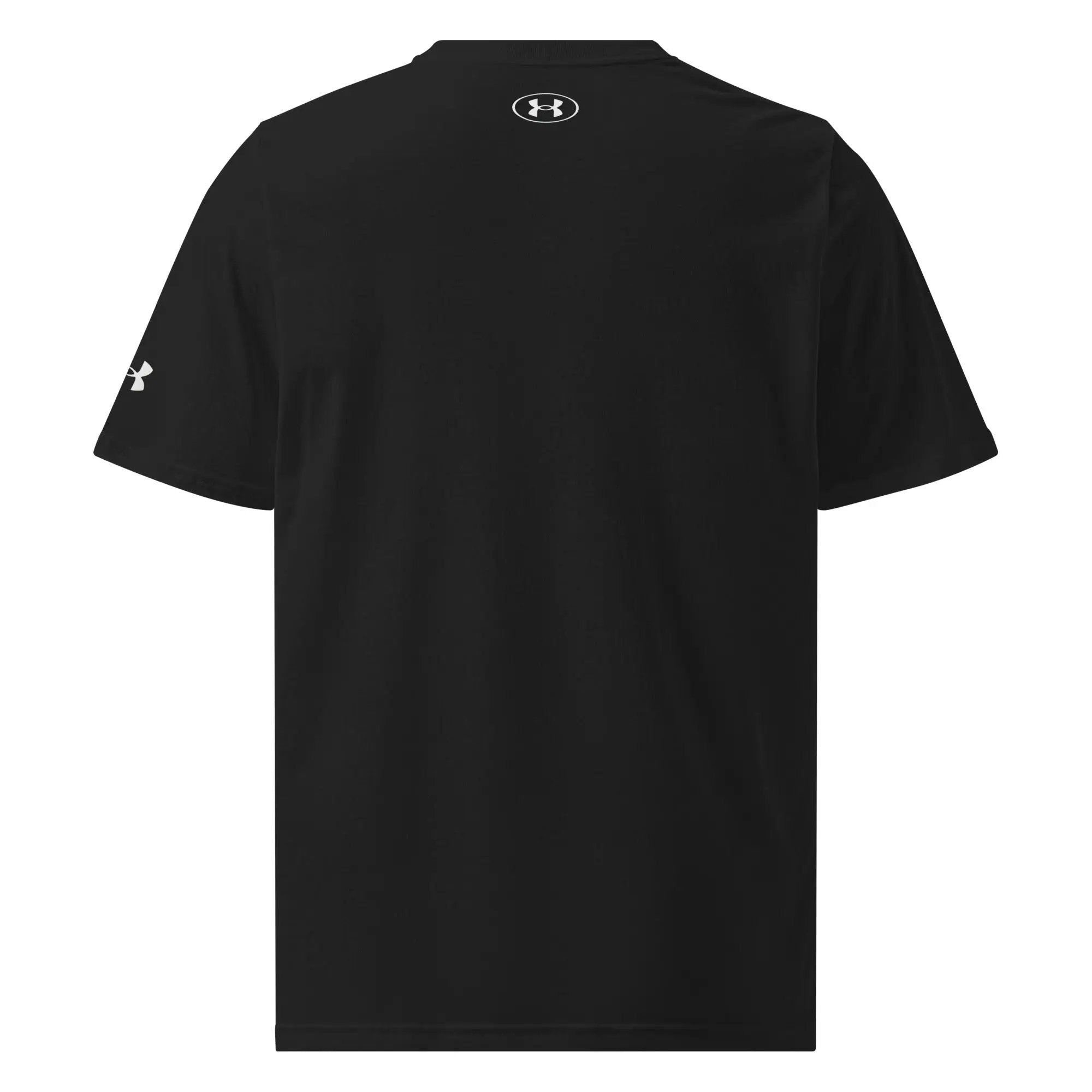Under Armour athletic t-shirt in black with white UA logos on back neck and sleeve