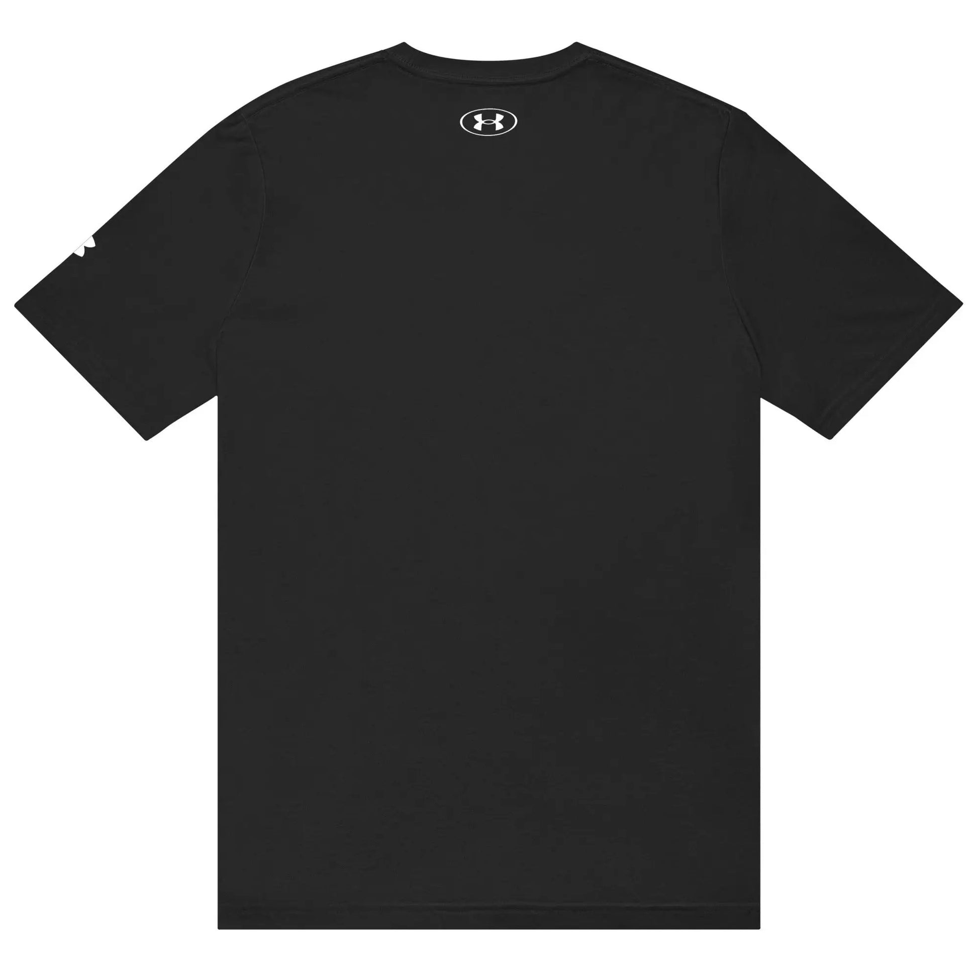 Under Armour athletic t-shirt, black, back view with white UA logo at the upper back