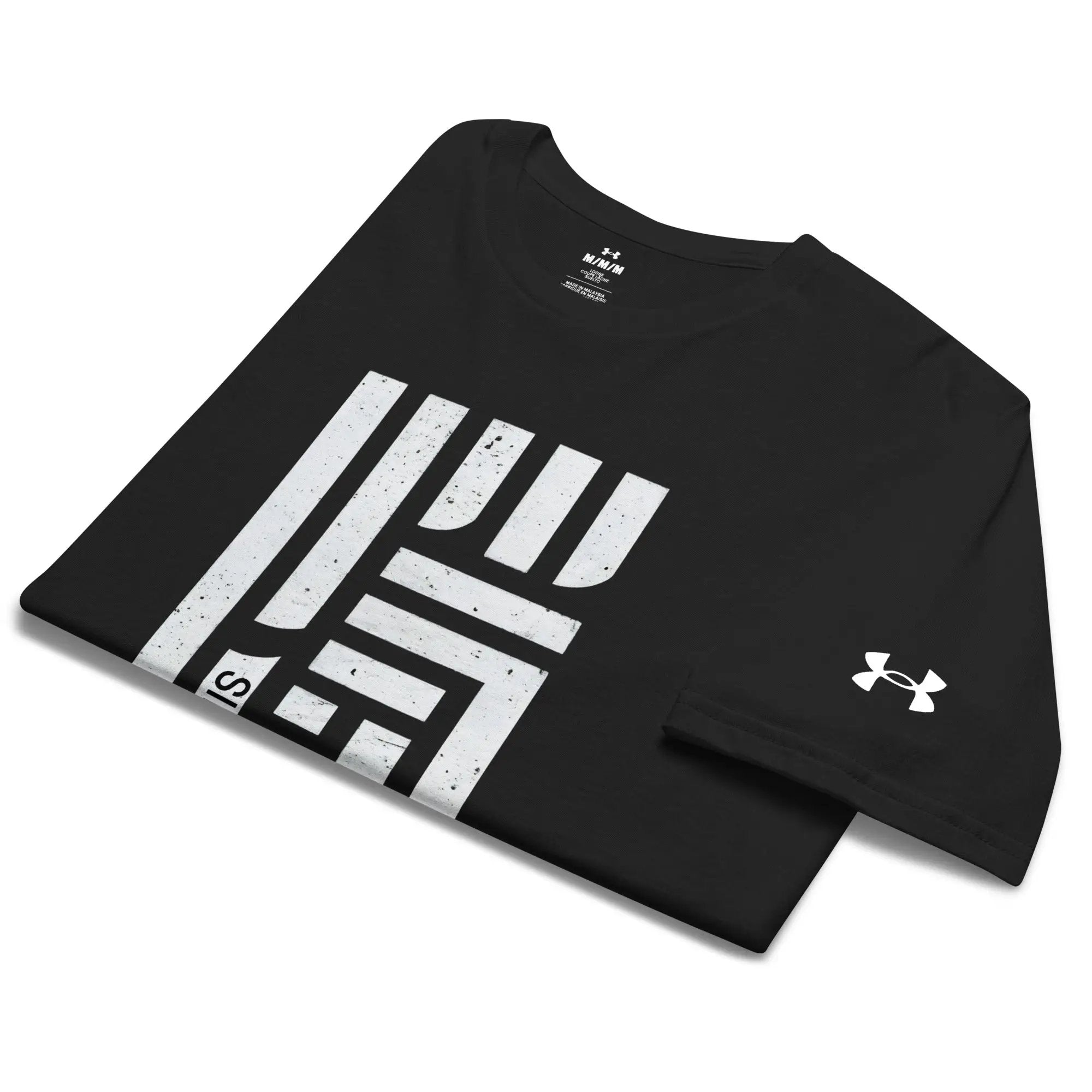 Under Armour athletic t-shirt, black with large white distressed stripes graphic and UA logo