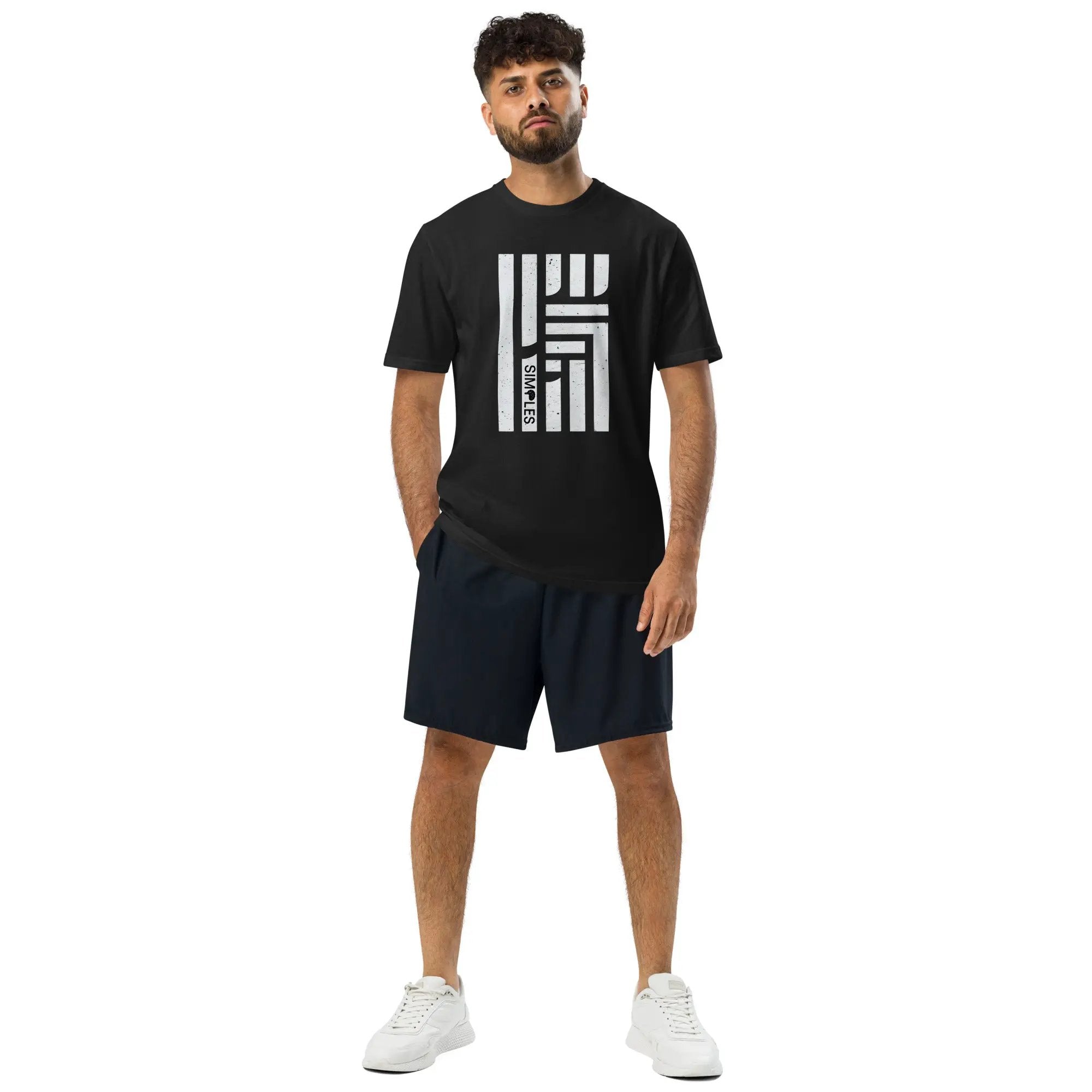 Athletic t-shirt, black, with bold white geometric graphic print on front.