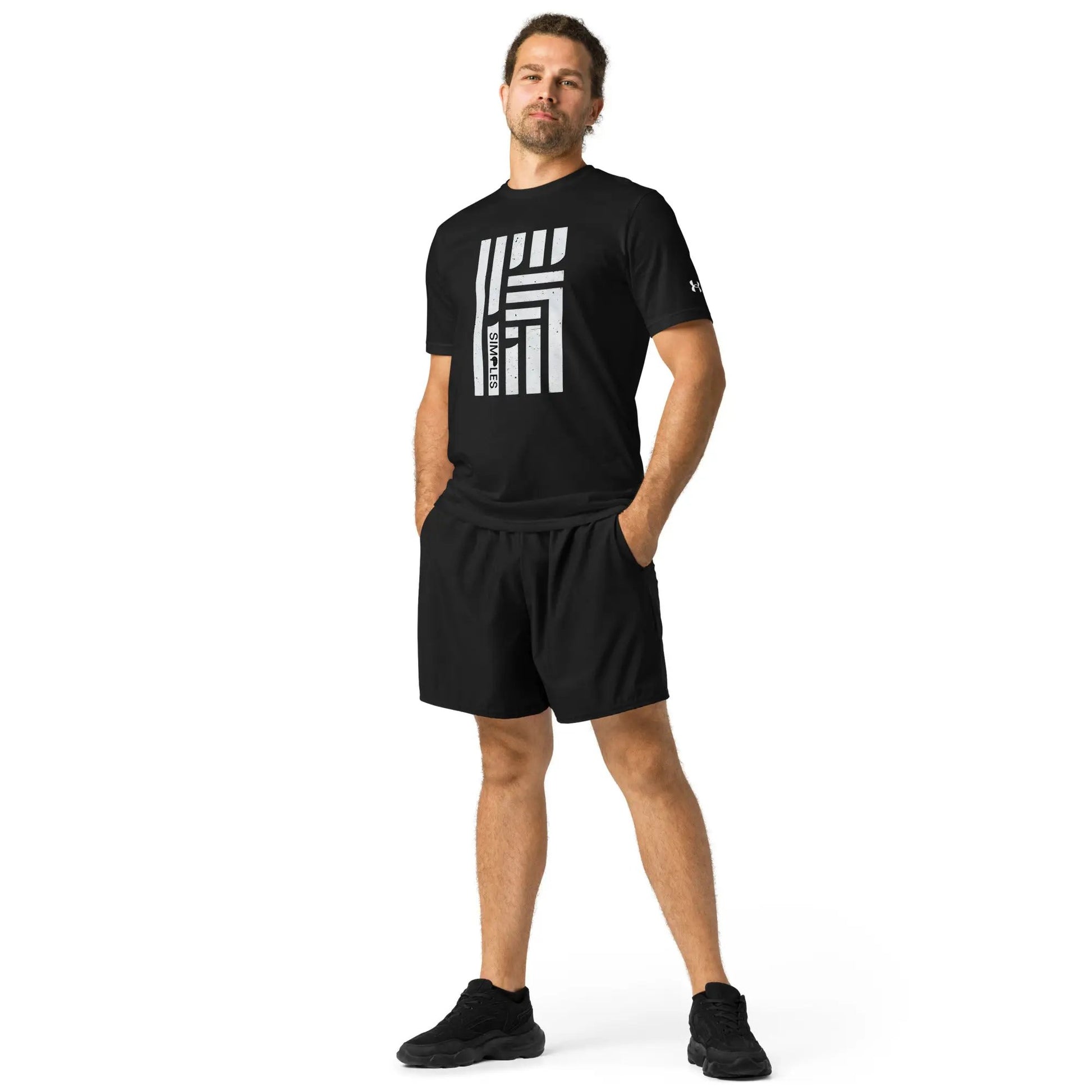 Under Armour athletic short-sleeve t-shirt in black with bold white geometric front graphic and sleeve logo