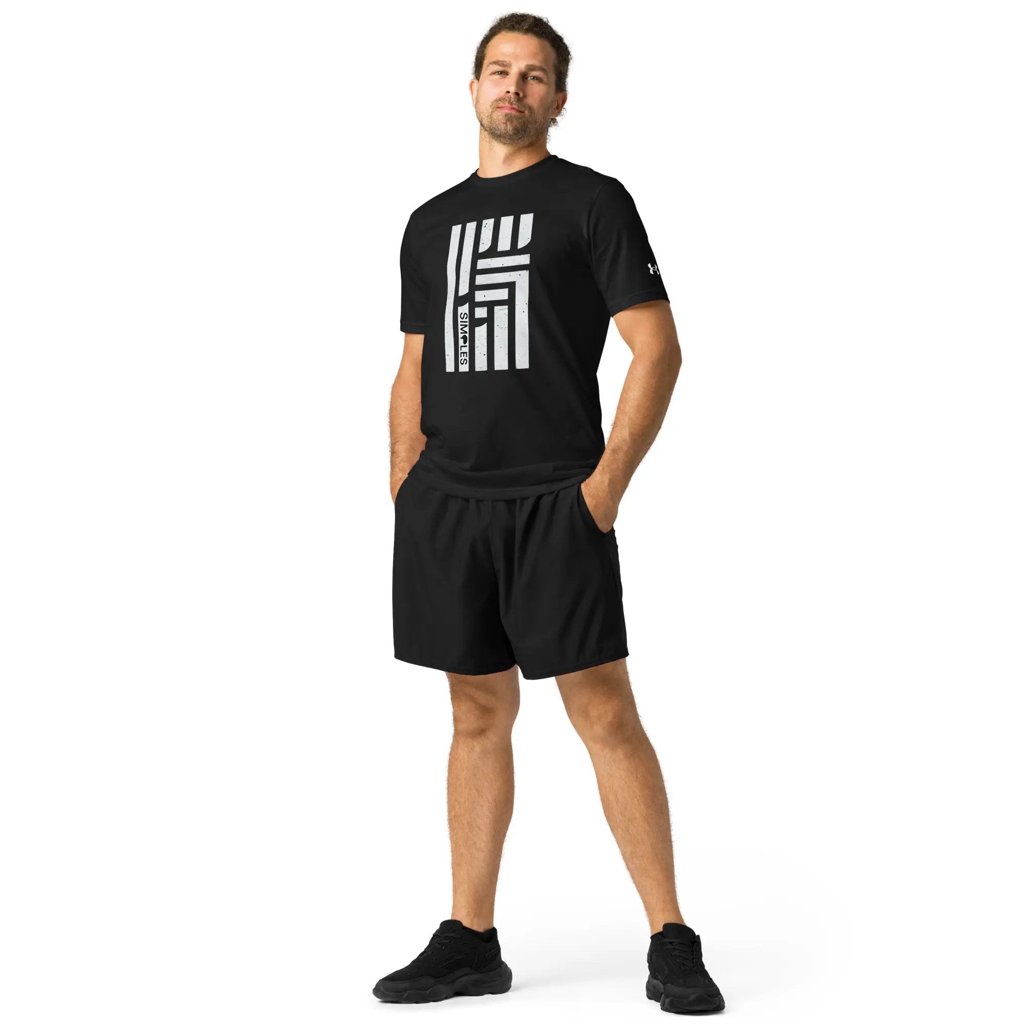 Under Armour athletic short-sleeve t-shirt in black with bold white geometric front graphic and sleeve logo