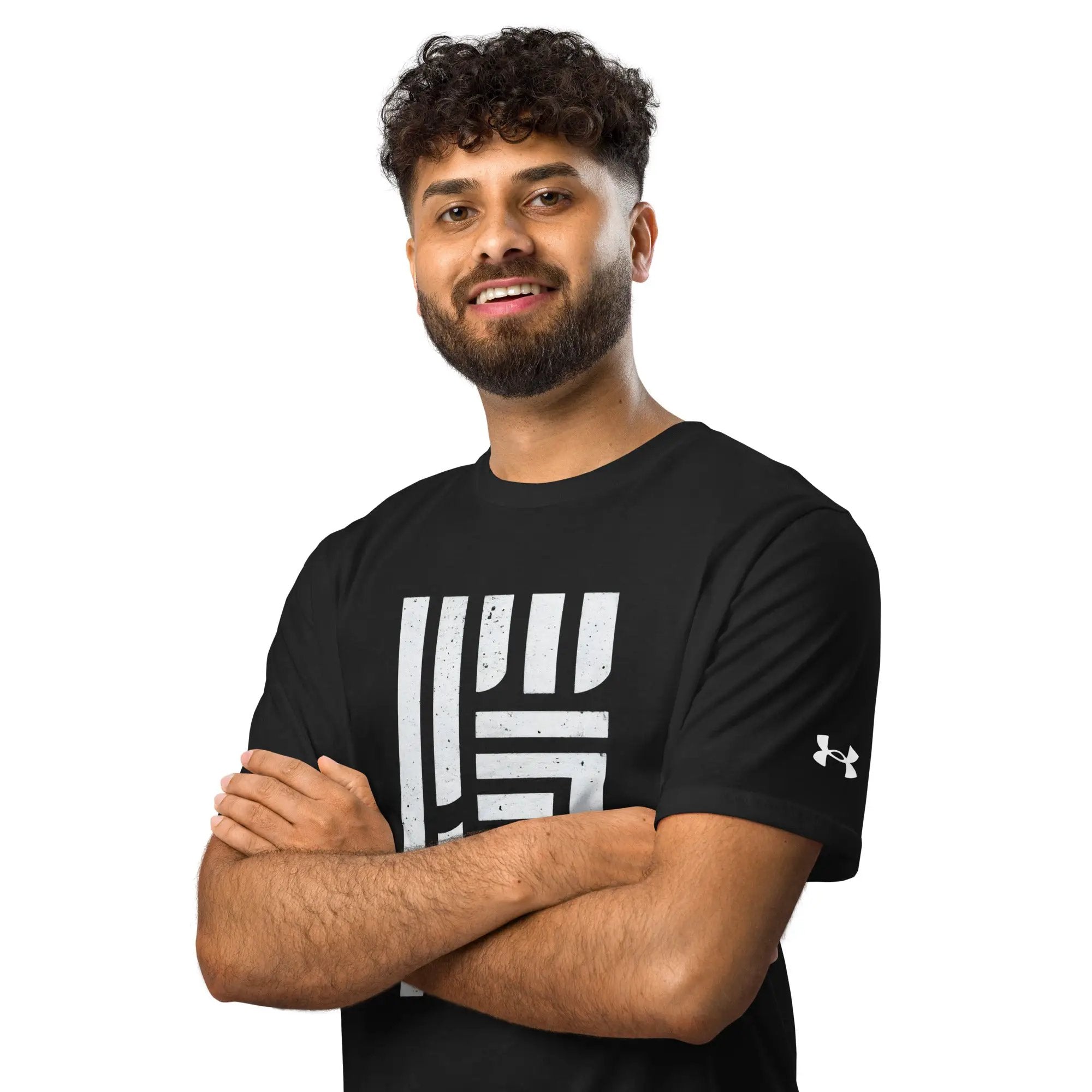 Under Armour athletic t-shirt, black with bold white graphic on chest and UA logo on sleeve