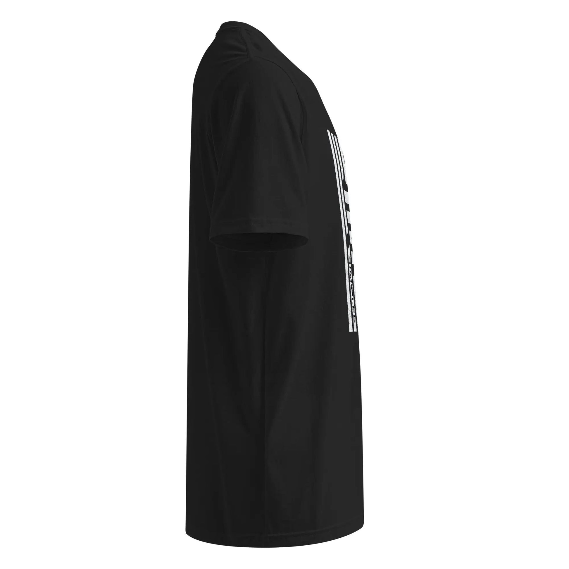 Under Armour athletic short-sleeve t-shirt, black, side view with white vertical graphic.