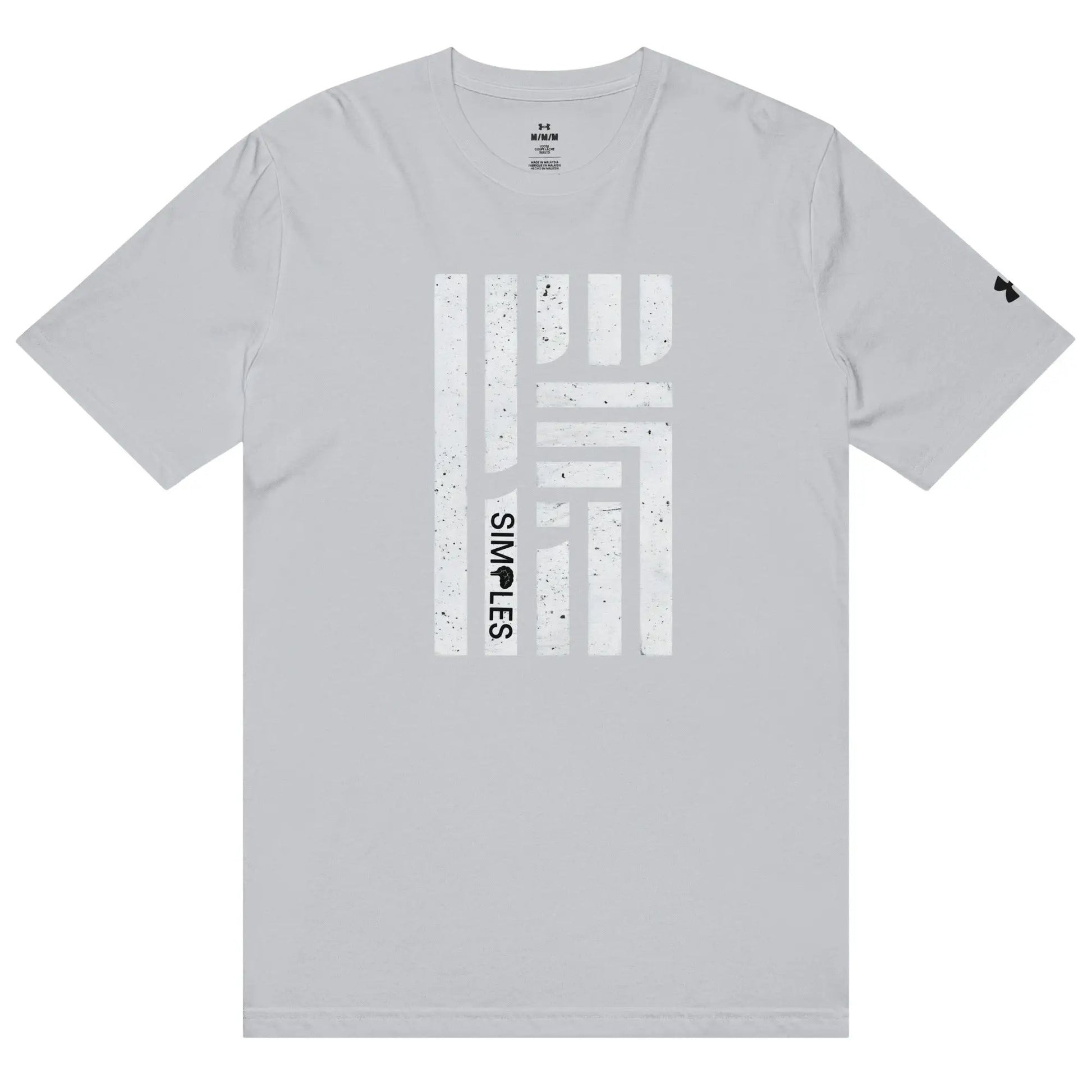 Under Armour athletic t-shirt in light gray with a large white distressed graphic on the front; UA logo on the sleeve.