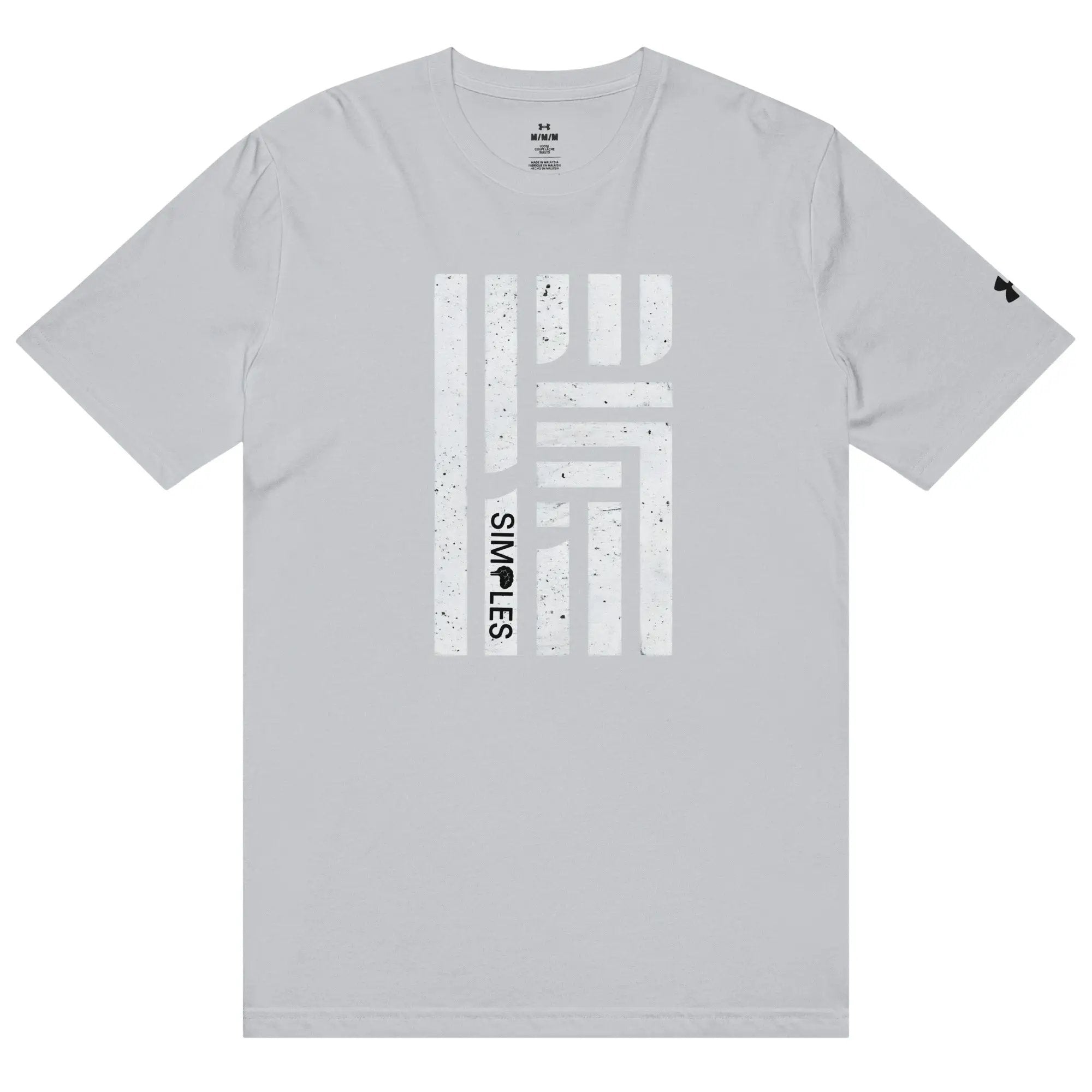 Under Armour athletic t-shirt in light gray with a large white distressed graphic on the front; UA logo on the sleeve.