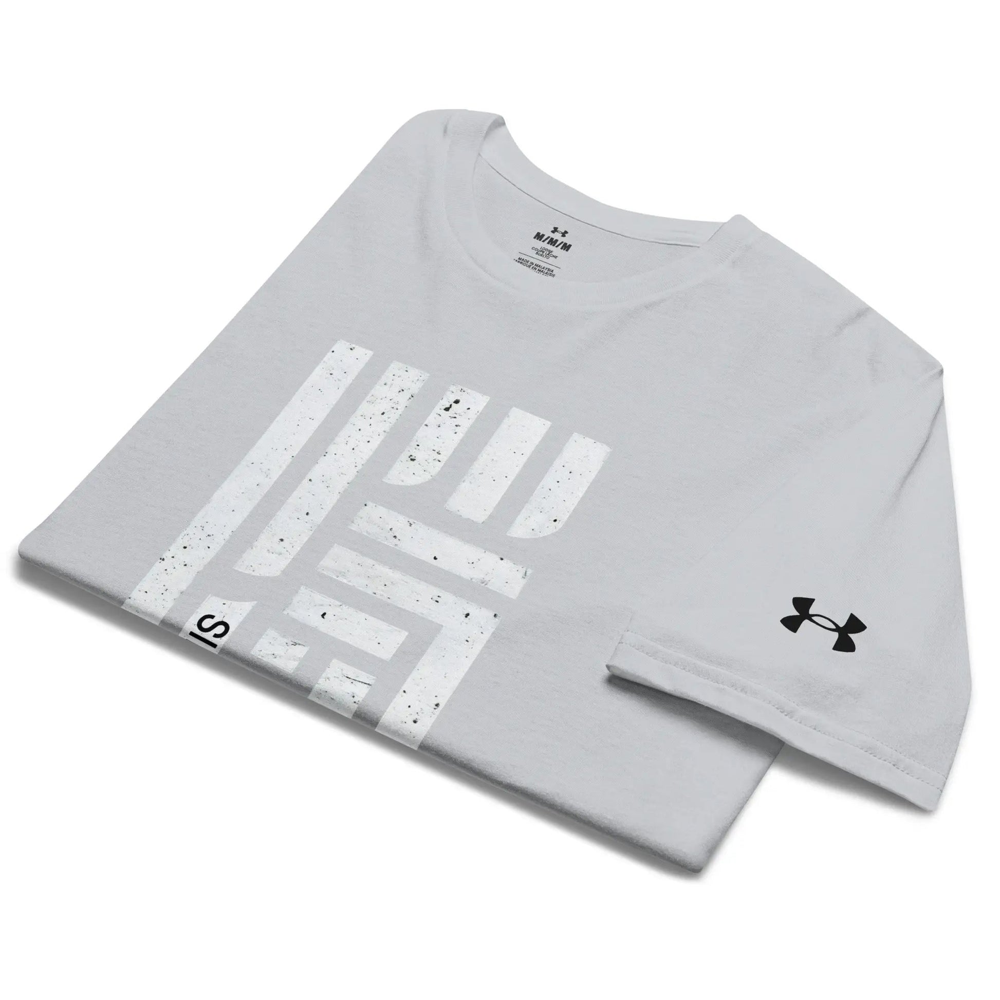 Under Armour athletic t-shirt in light gray with large white striped graphic; UA logo visible.