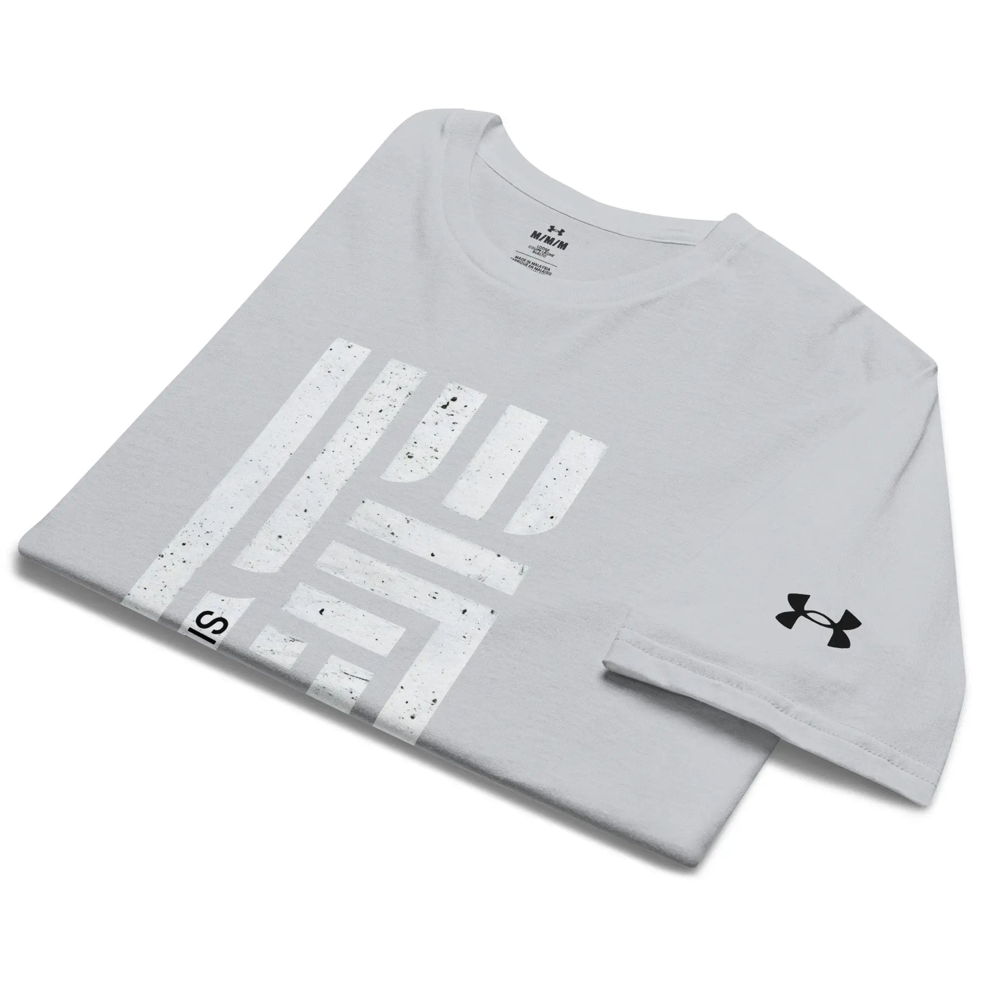 Under Armour athletic t-shirt in light gray with large white striped graphic; UA logo visible.