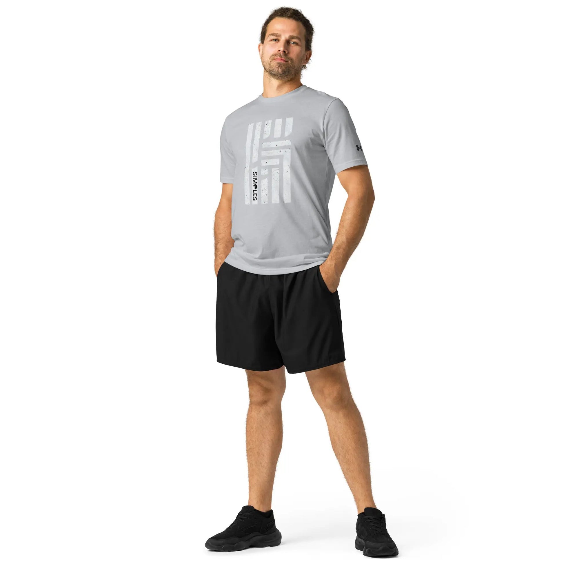 Under Armour athletic t-shirt in light gray with large white graphic print and UA logo on sleeve