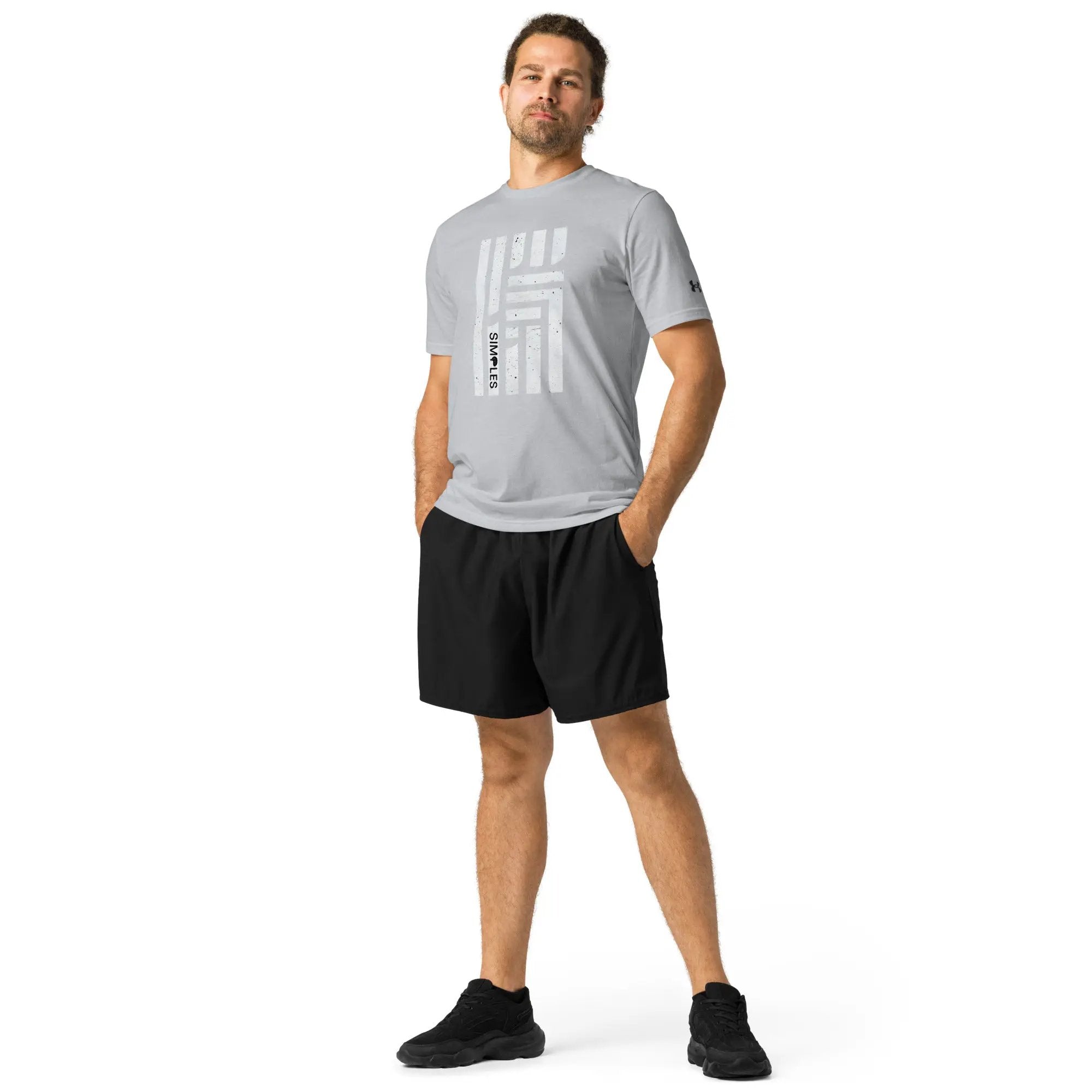 Under Armour athletic t-shirt in light gray with large white graphic print and UA logo on sleeve
