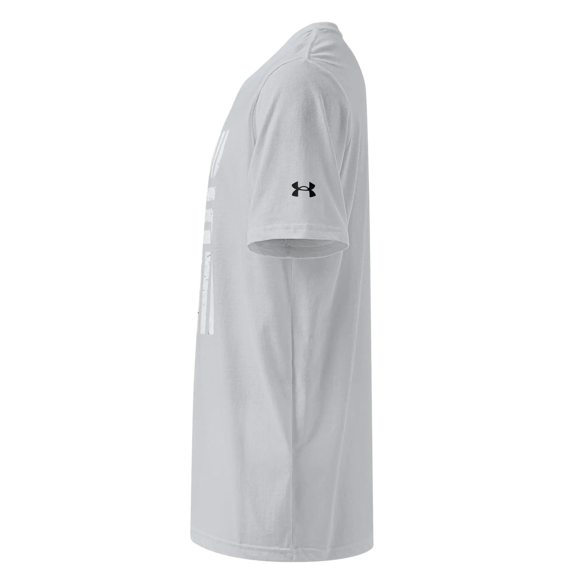 Under Armour athletic t-shirt, light gray, side view with black UA logo on sleeve.