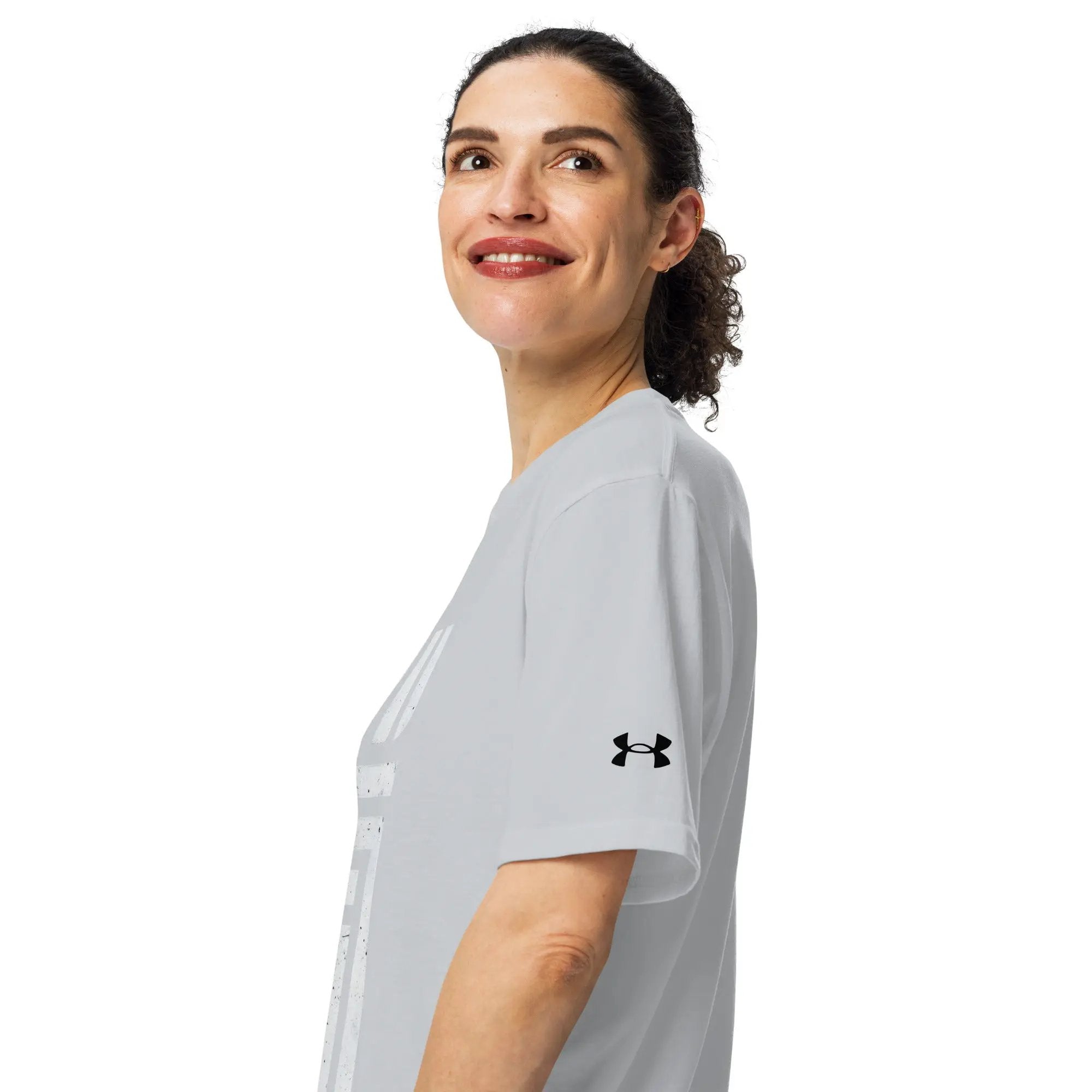 Under Armour athletic t-shirt, light gray color with visible black UA logo.