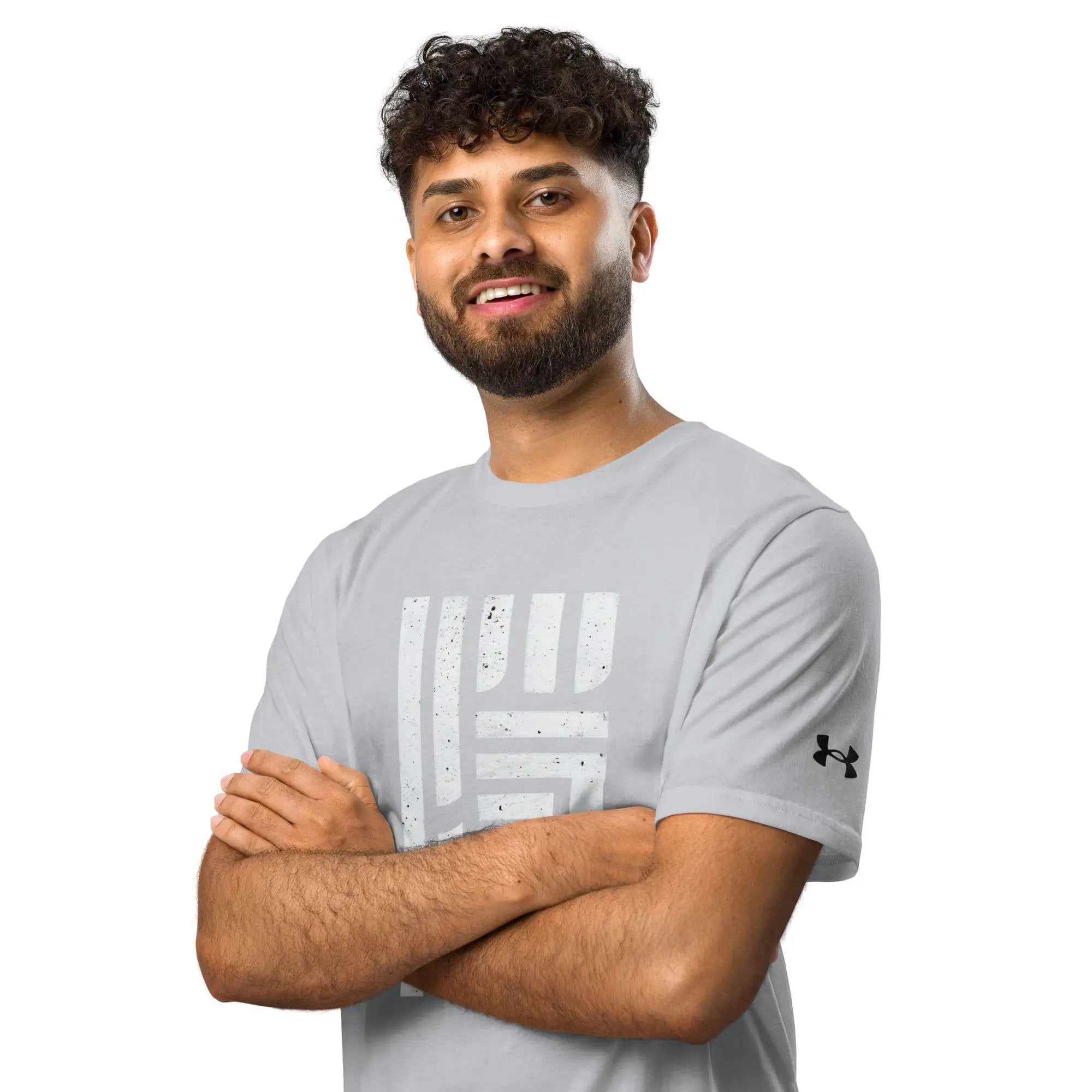 Under Armour athletic t-shirt in light gray with distressed graphic print and UA logo on sleeve.