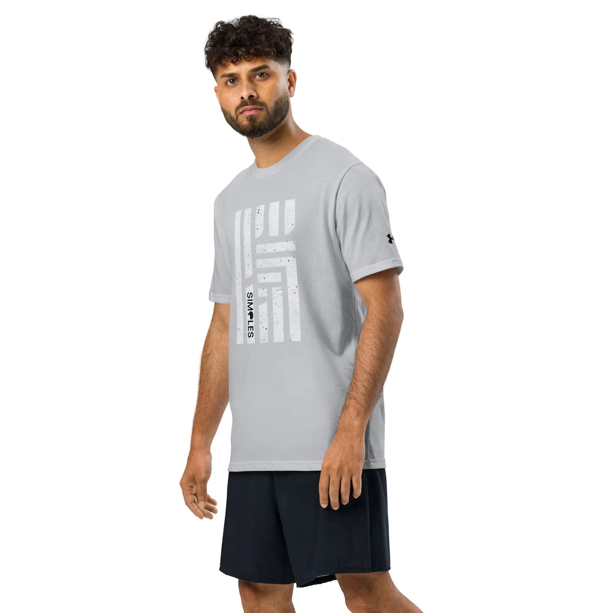 Under Armour athletic T-shirt, gray with bold white vertical stripe graphic