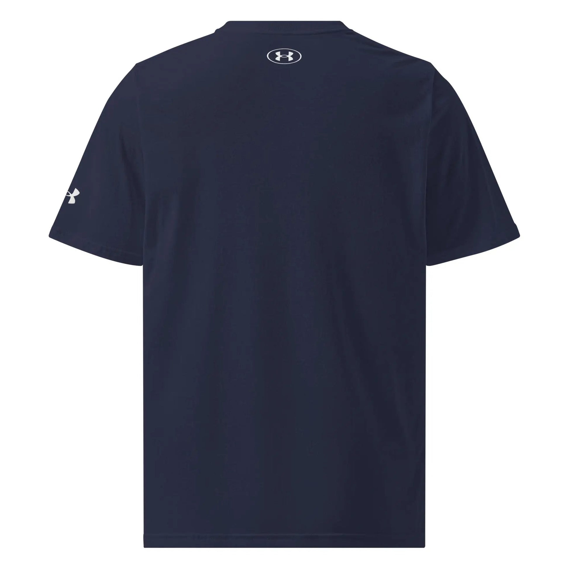Under Armour athletic t-shirt in navy blue with a white UA logo at the back neck.