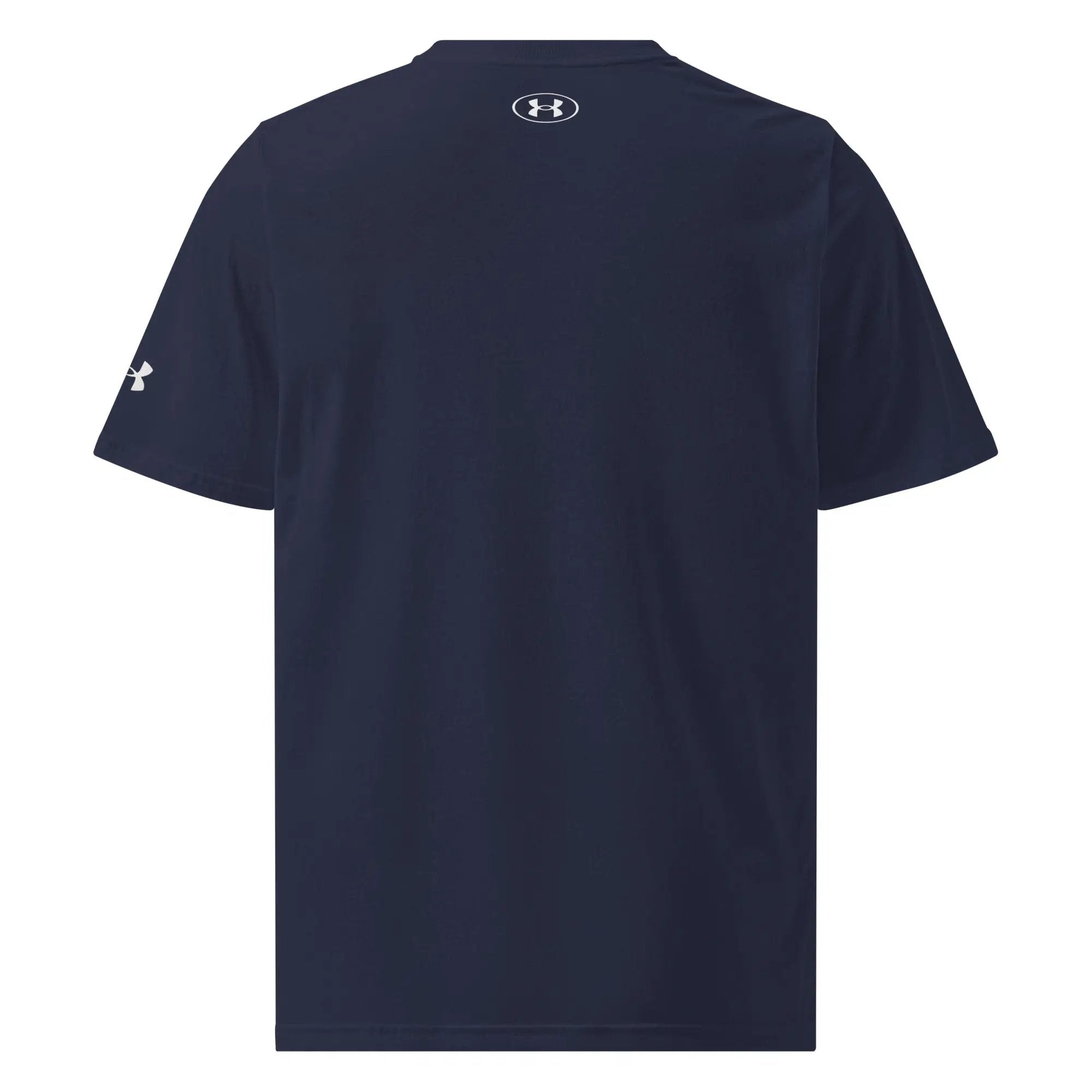 Under Armour athletic t-shirt in navy blue with a white UA logo at the back neck.