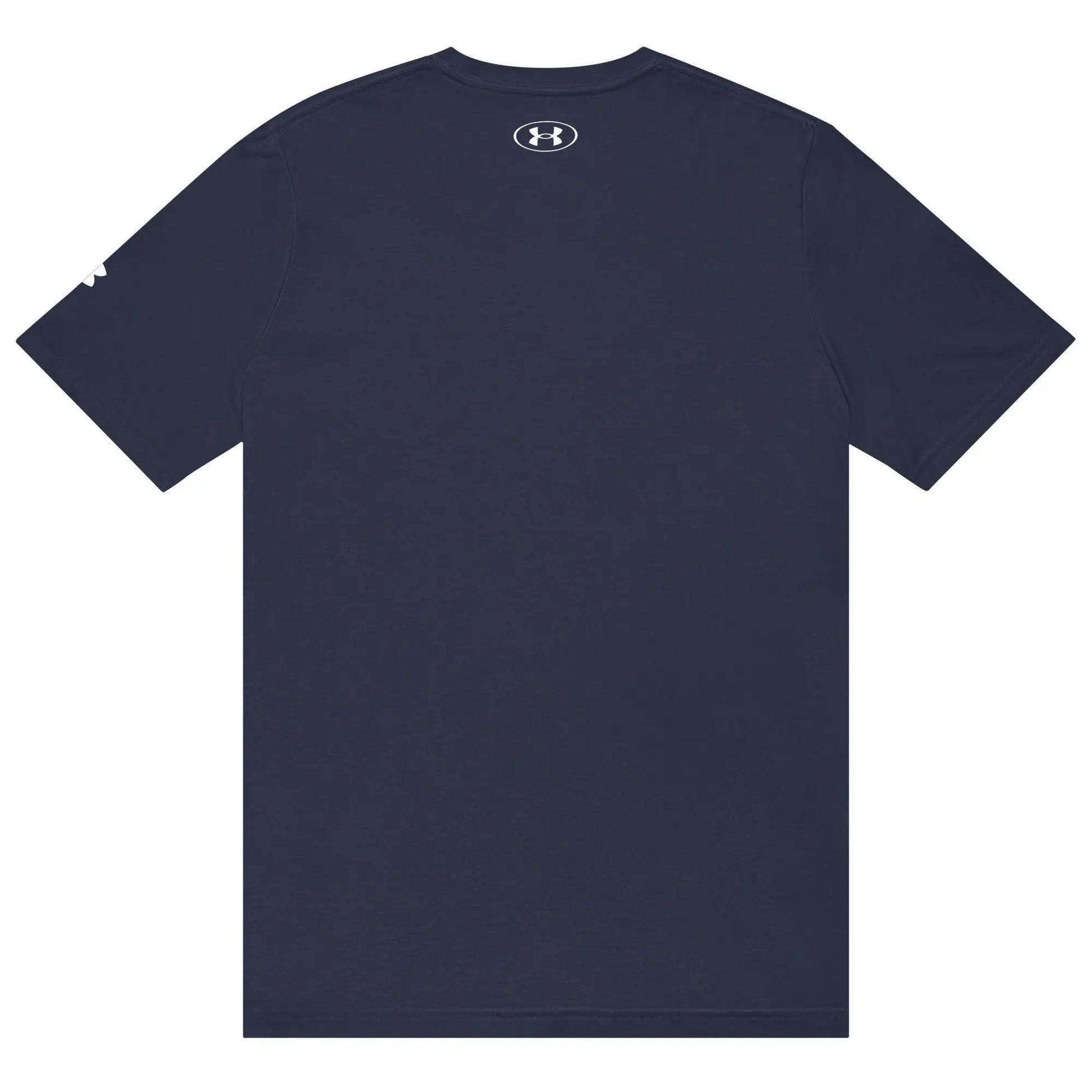 Under Armour athletic t-shirt in navy, back view with white UA logo on upper back.