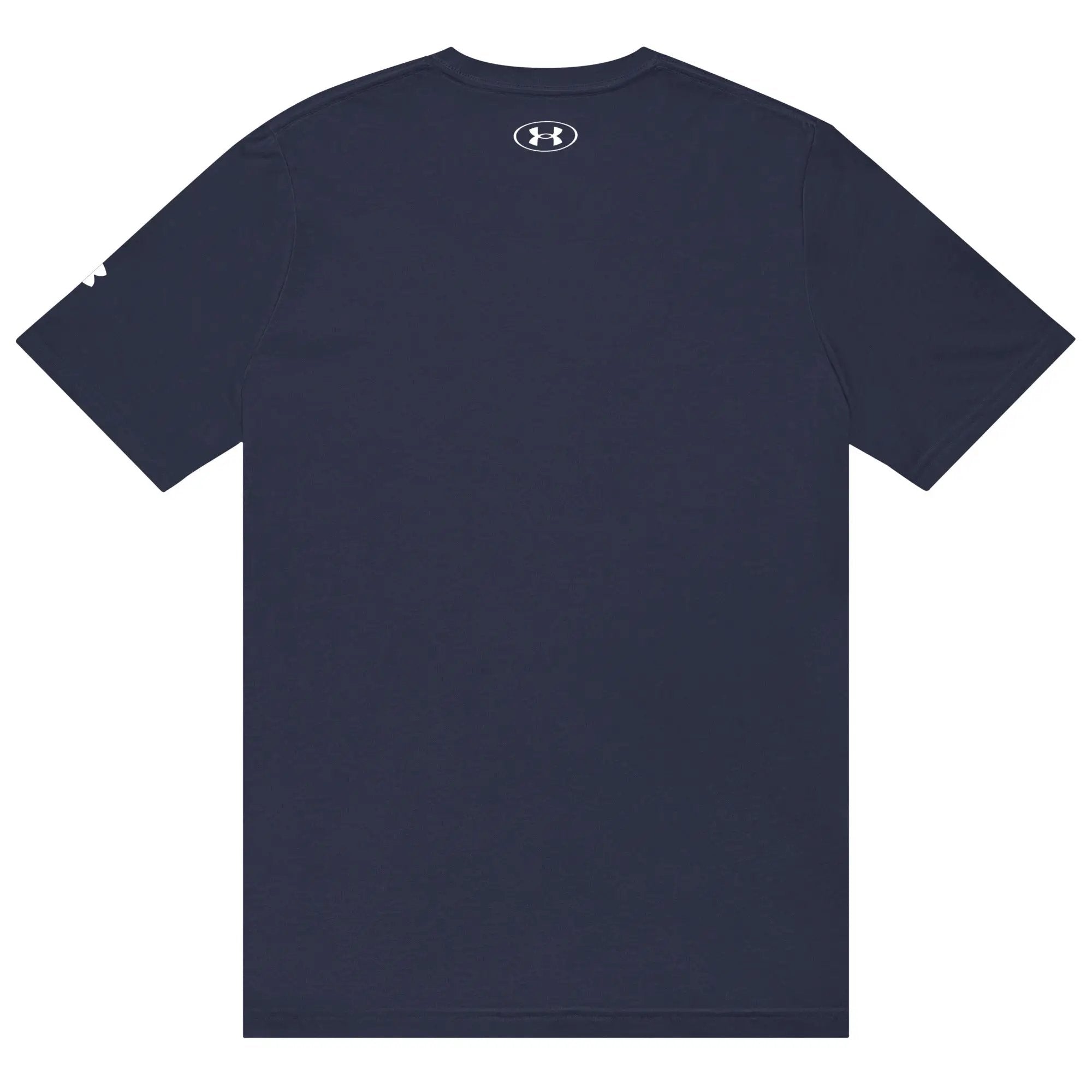Under Armour athletic t-shirt in navy, back view with white UA logo on upper back.