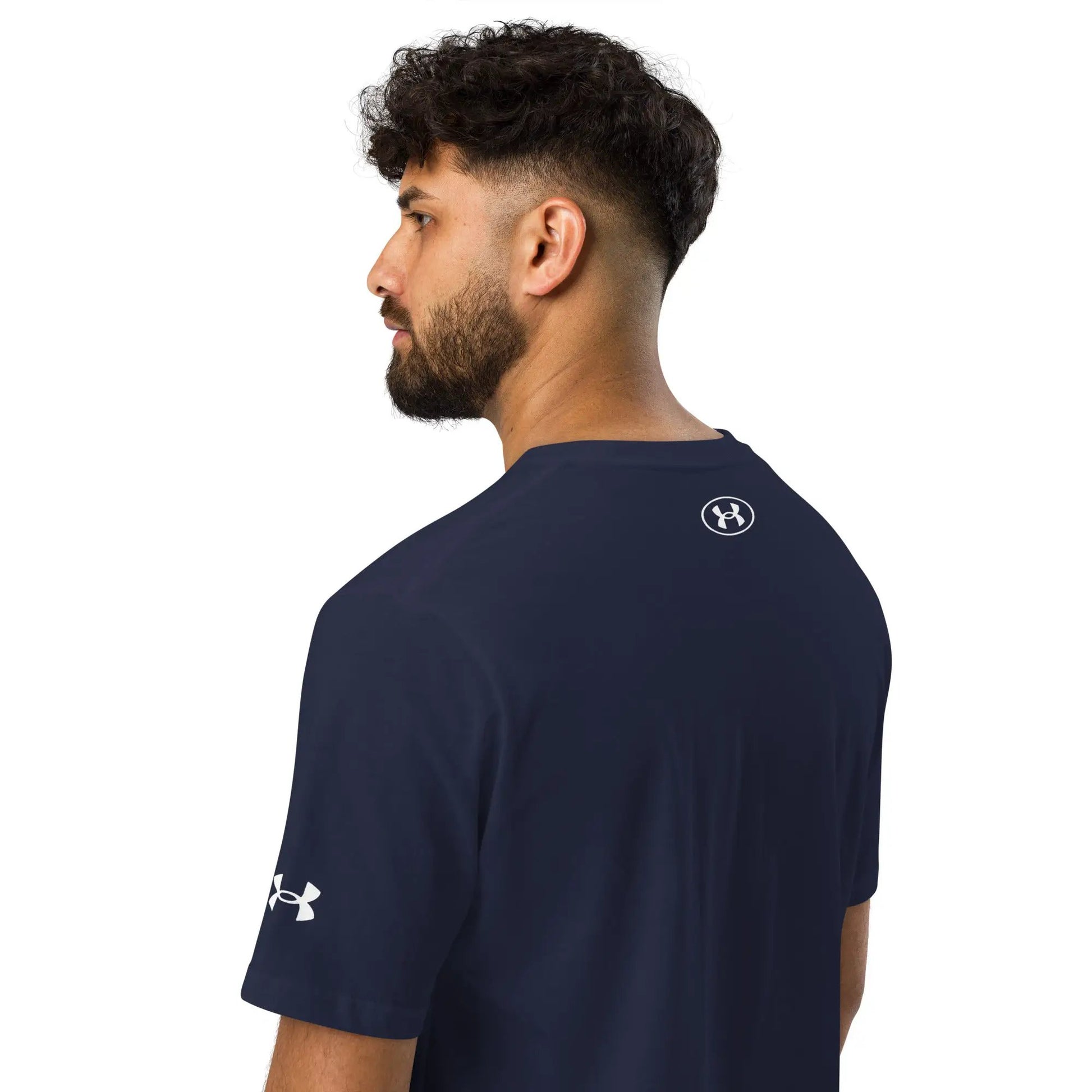 Under Armour athletic t-shirt, navy with logo on back near shoulder.