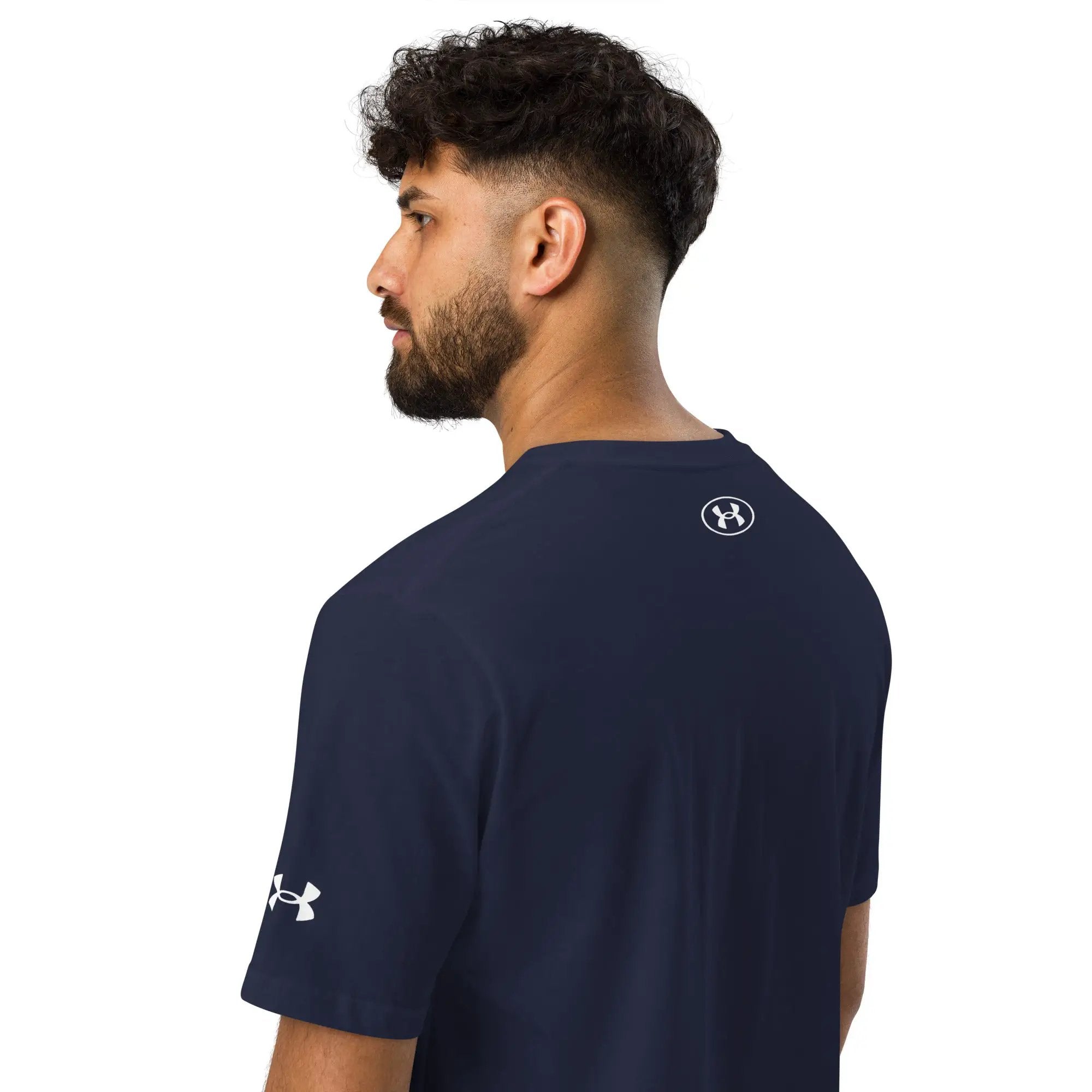 Under Armour athletic t-shirt, navy with logo on back near shoulder.
