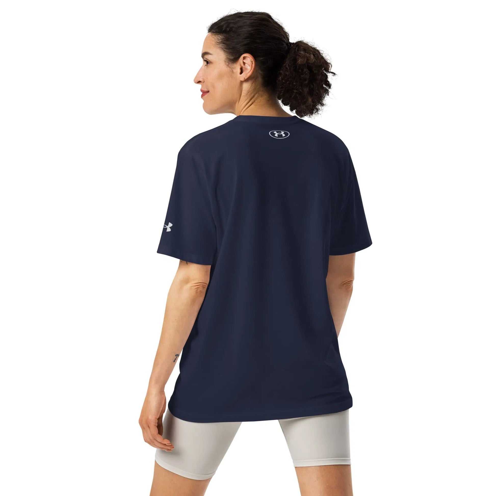 Under Armour athletic t-shirt, navy blue short-sleeve, back view with white UA logo