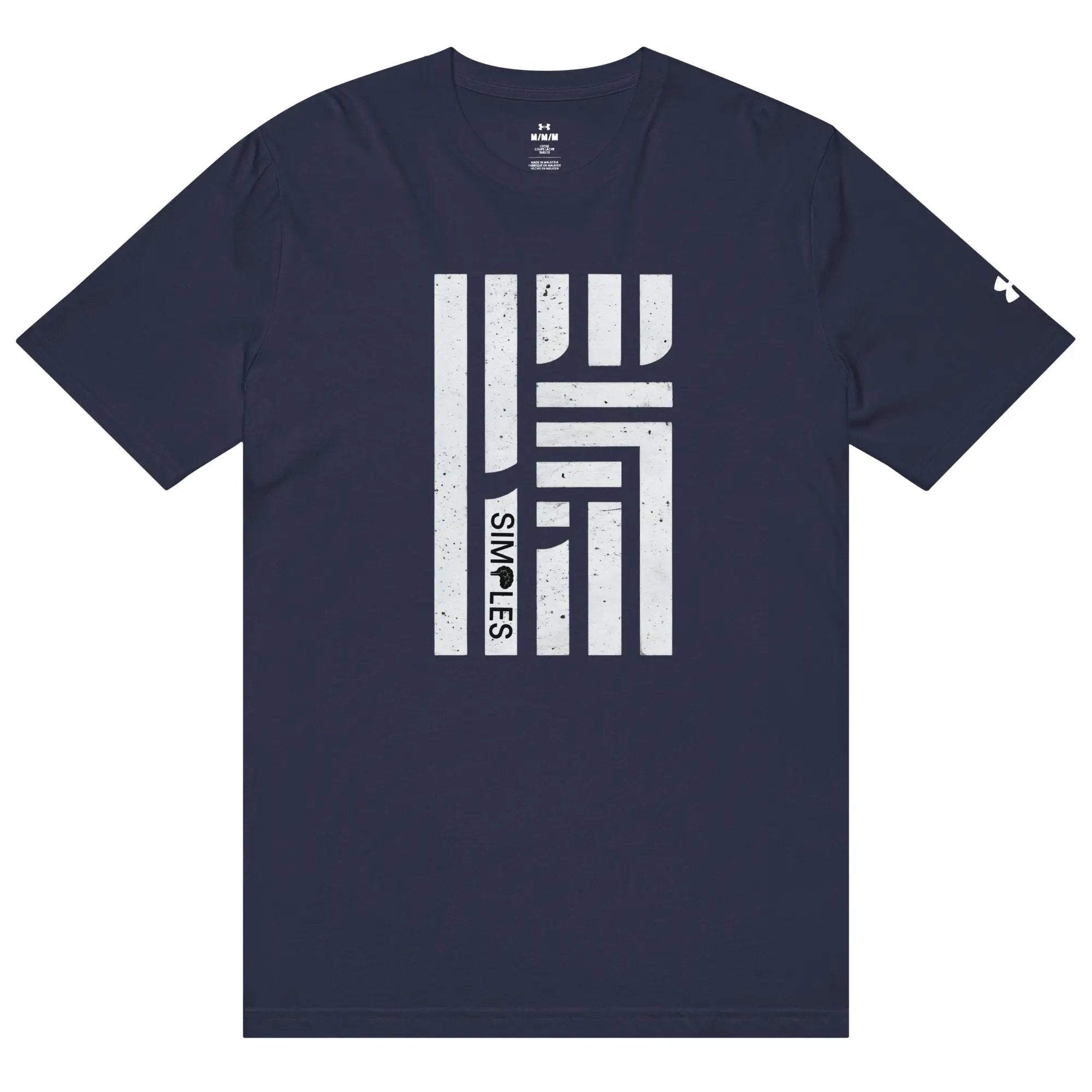 Under Armour navy athletic T-shirt with large white vertical bar graphic