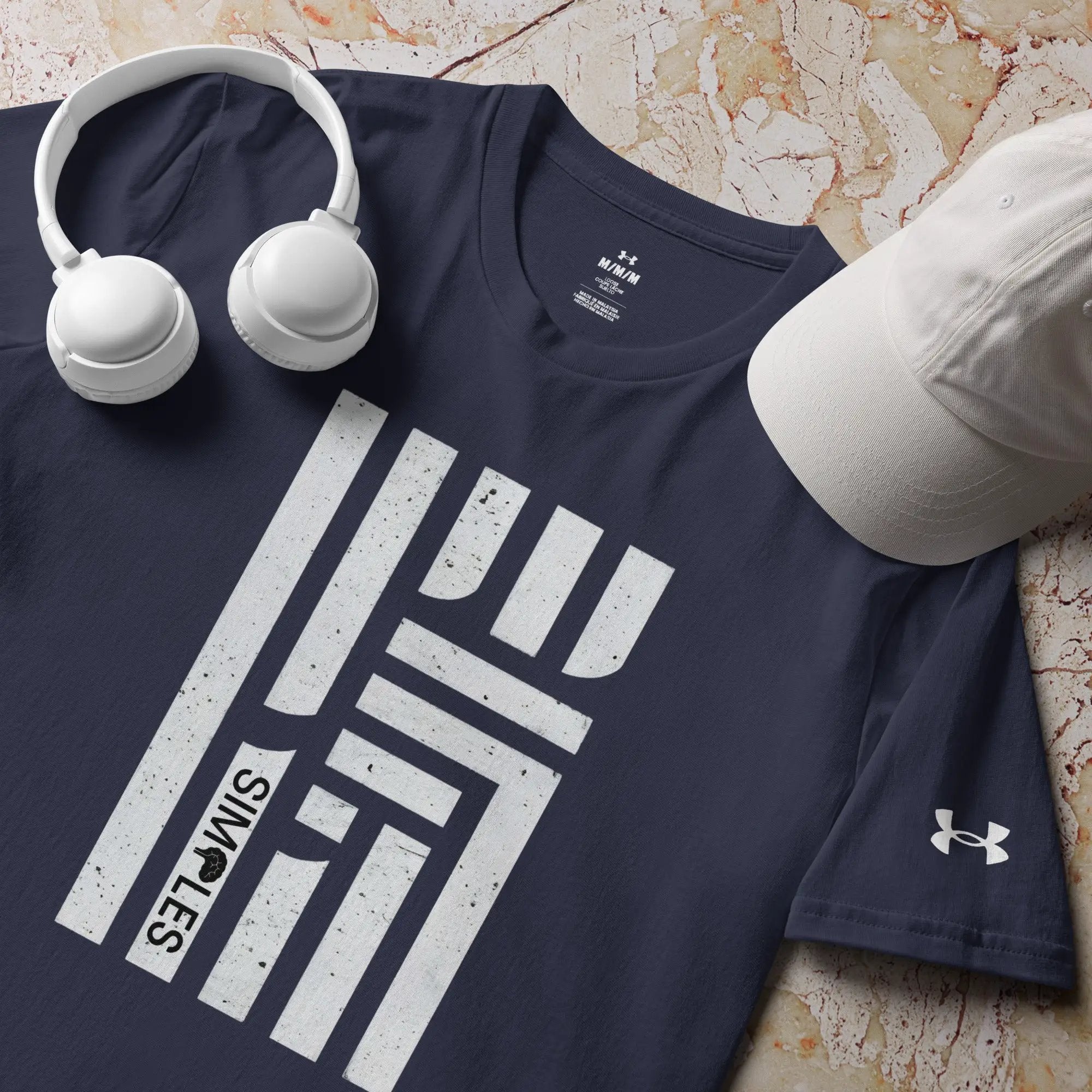 Under Armour athletic t-shirt, navy with white logo; 3-item set including white headphones and beige cap