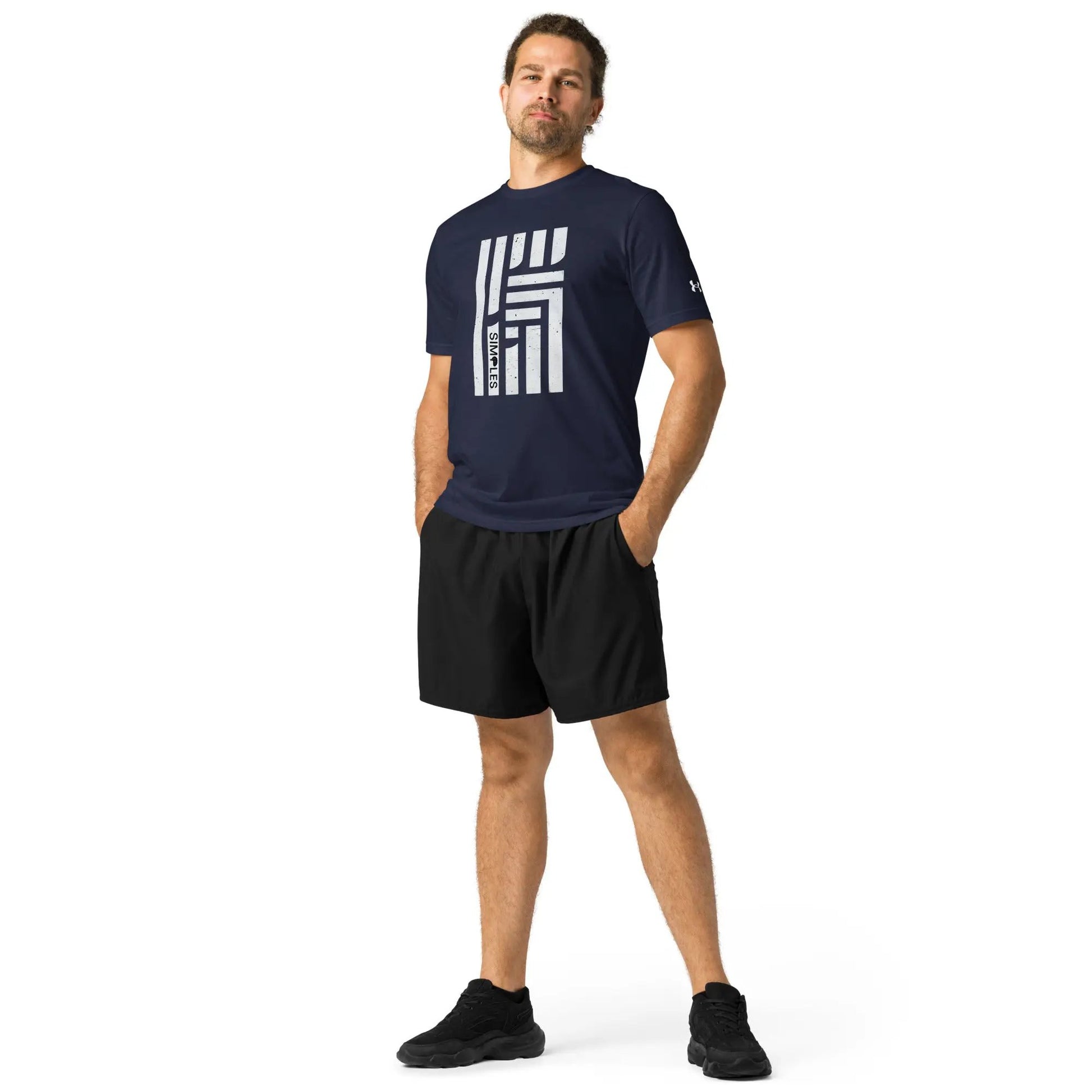Under Armour navy athletic t-shirt with bold white front graphic print and UA logo on sleeve