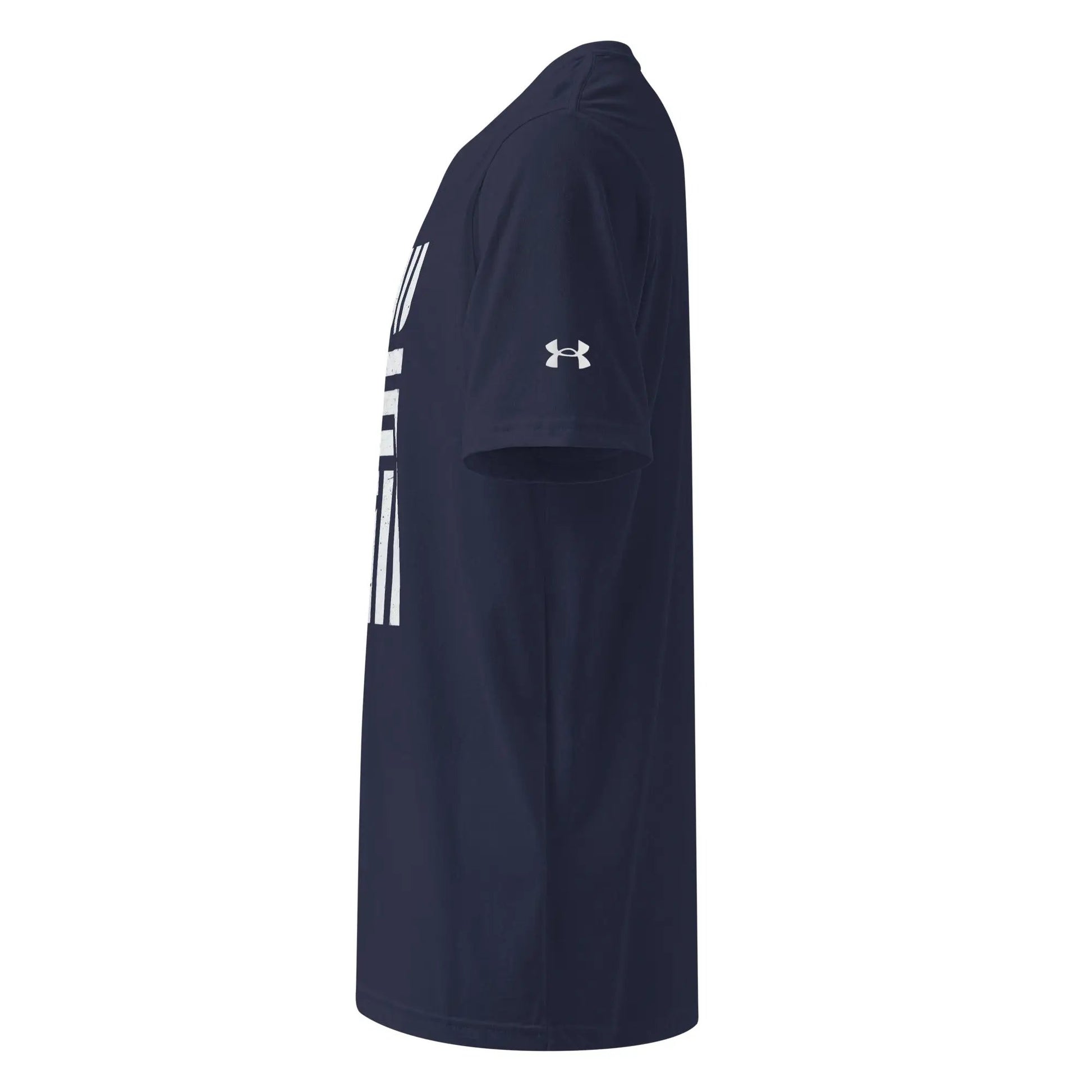 Under Armour athletic t-shirt, navy with white logo on sleeve.