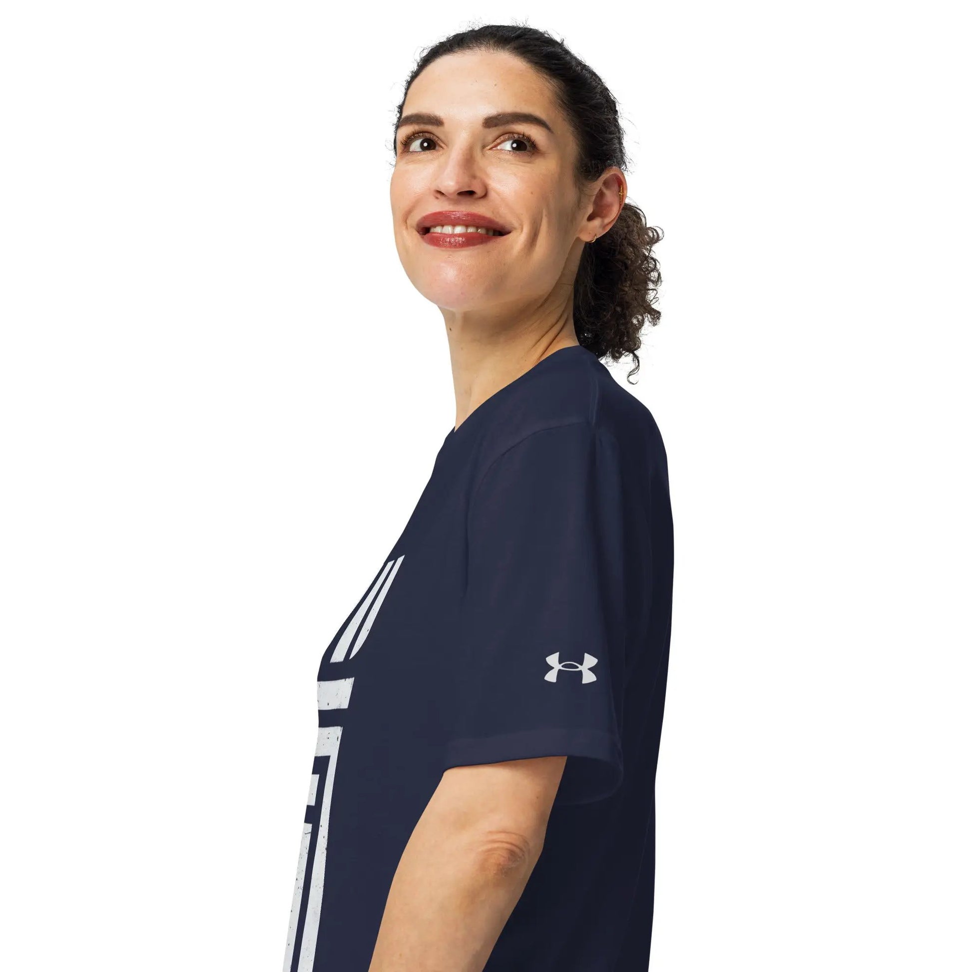Under Armour athletic navy t-shirt on model with white side stripes and logo