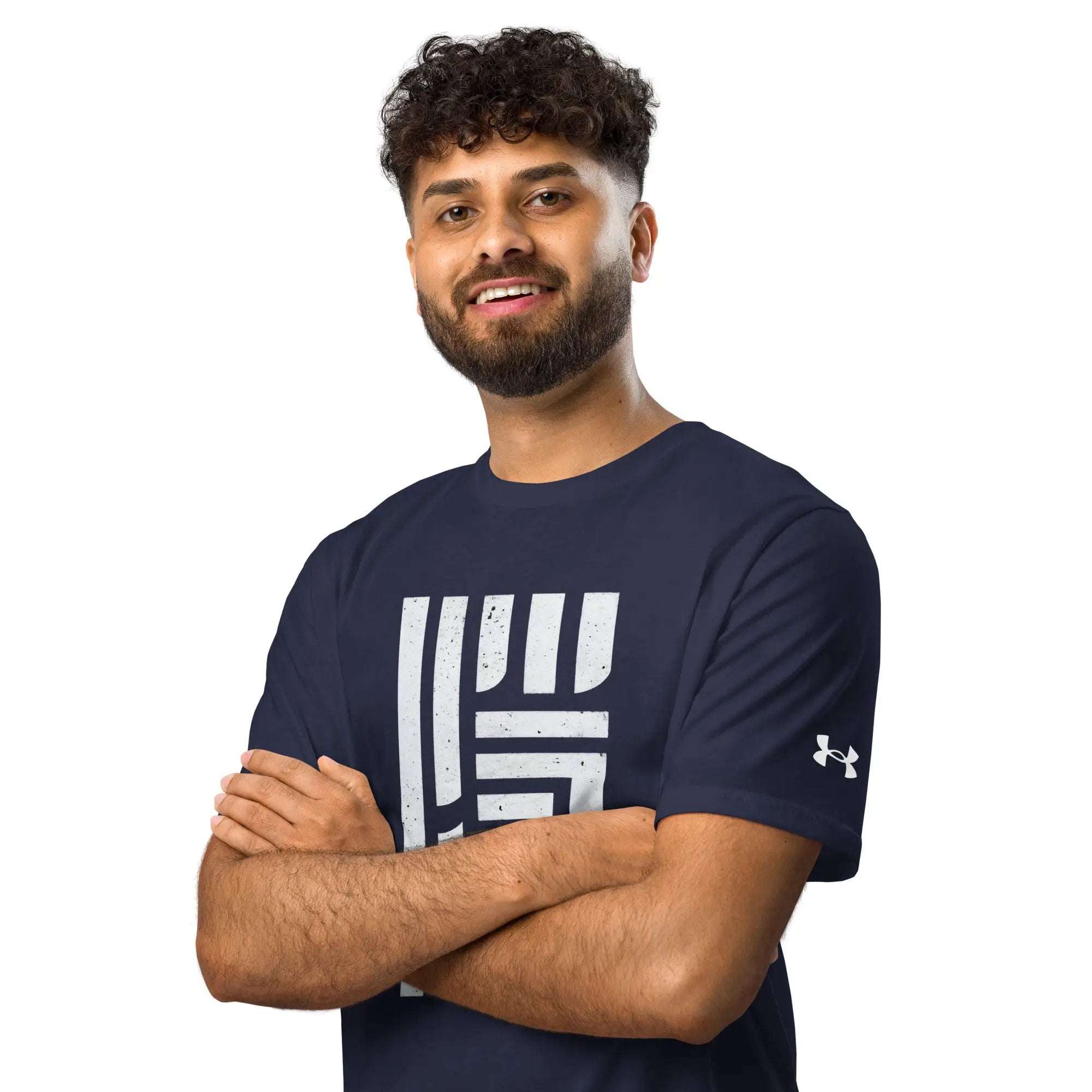 Under Armour athletic T-shirt in navy blue with bold white graphic on front, UA logo on sleeve
