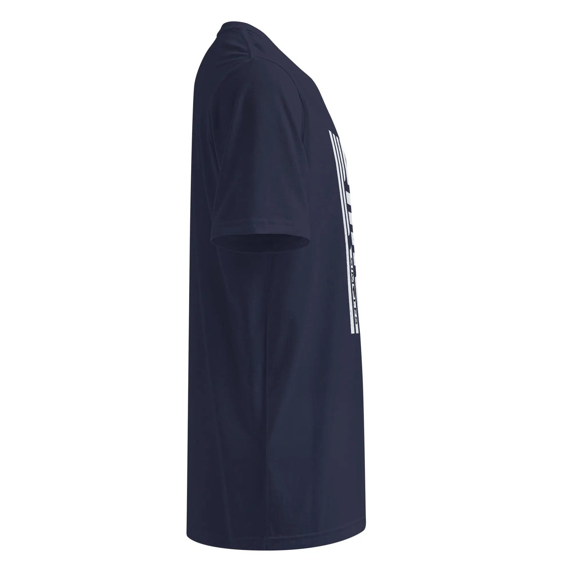 Under Armour athletic t-shirt in navy blue with white graphic on the side.