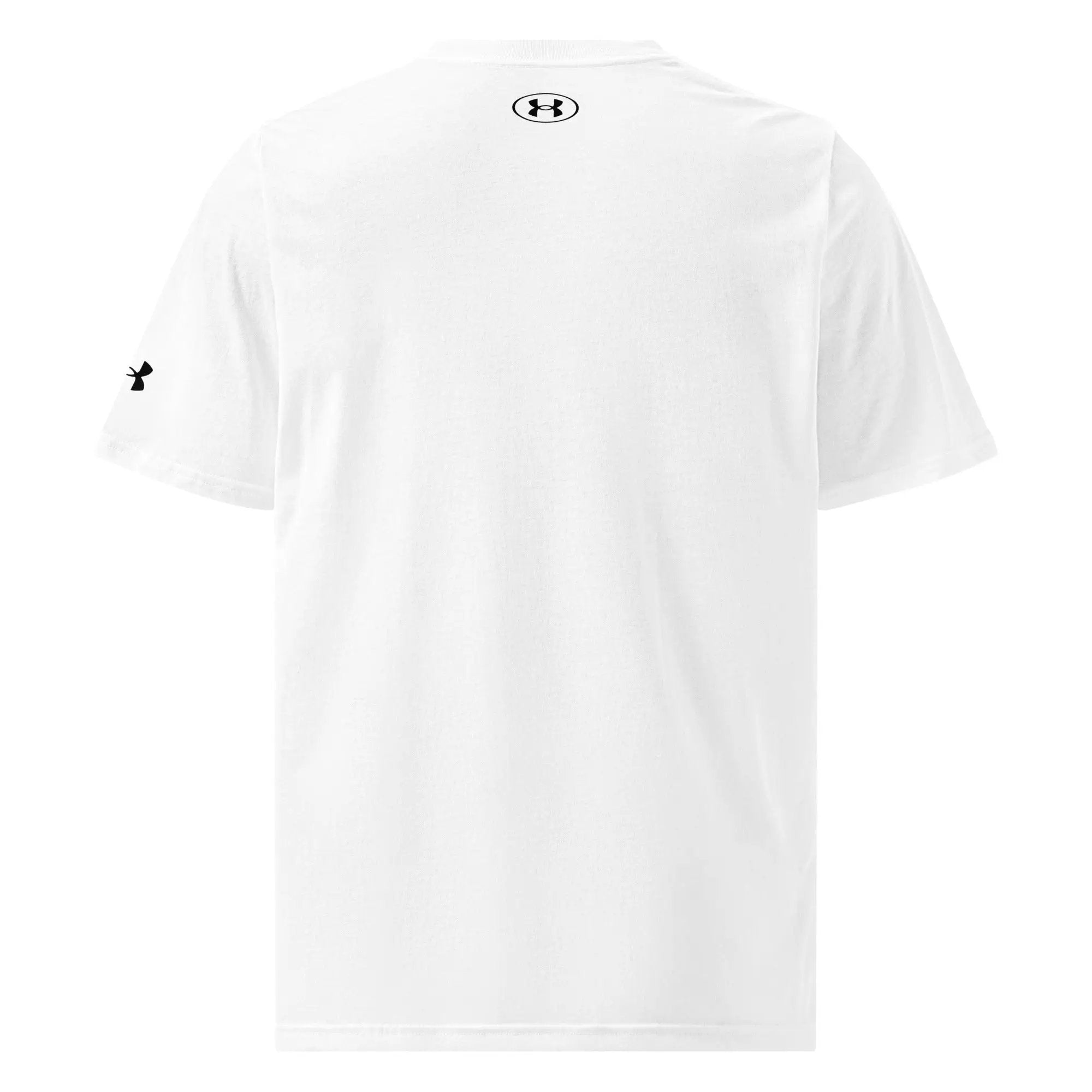 Under Armour athletic T-shirt in white with UA logos at back neck and left sleeve.