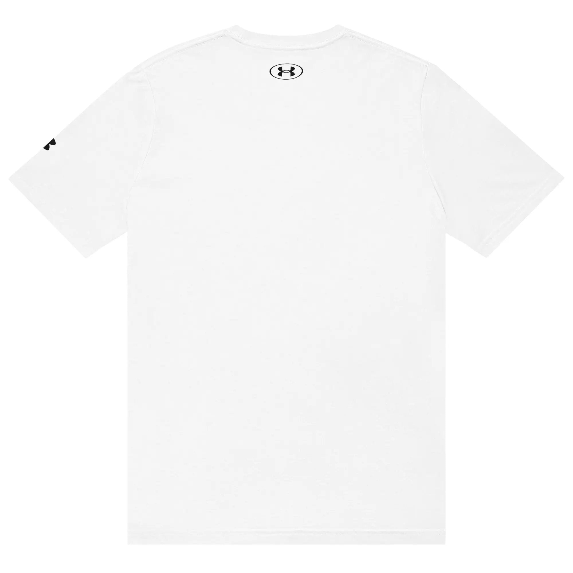 Under Armour athletic t-shirt, white, short-sleeve with UA logo on the upper back.