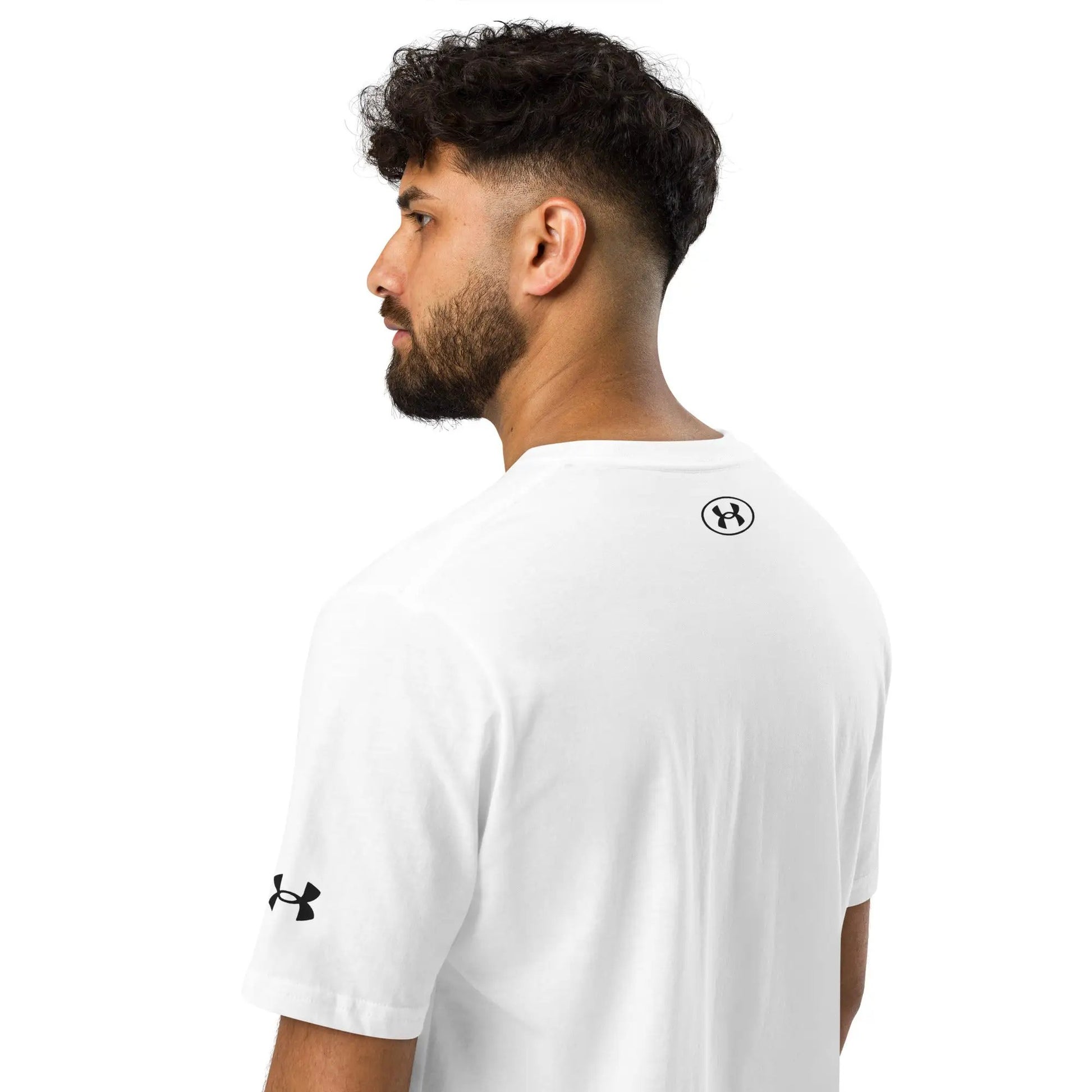 Under Armour athletic t‑shirt, white with black UA logo on the sleeve; side profile view.