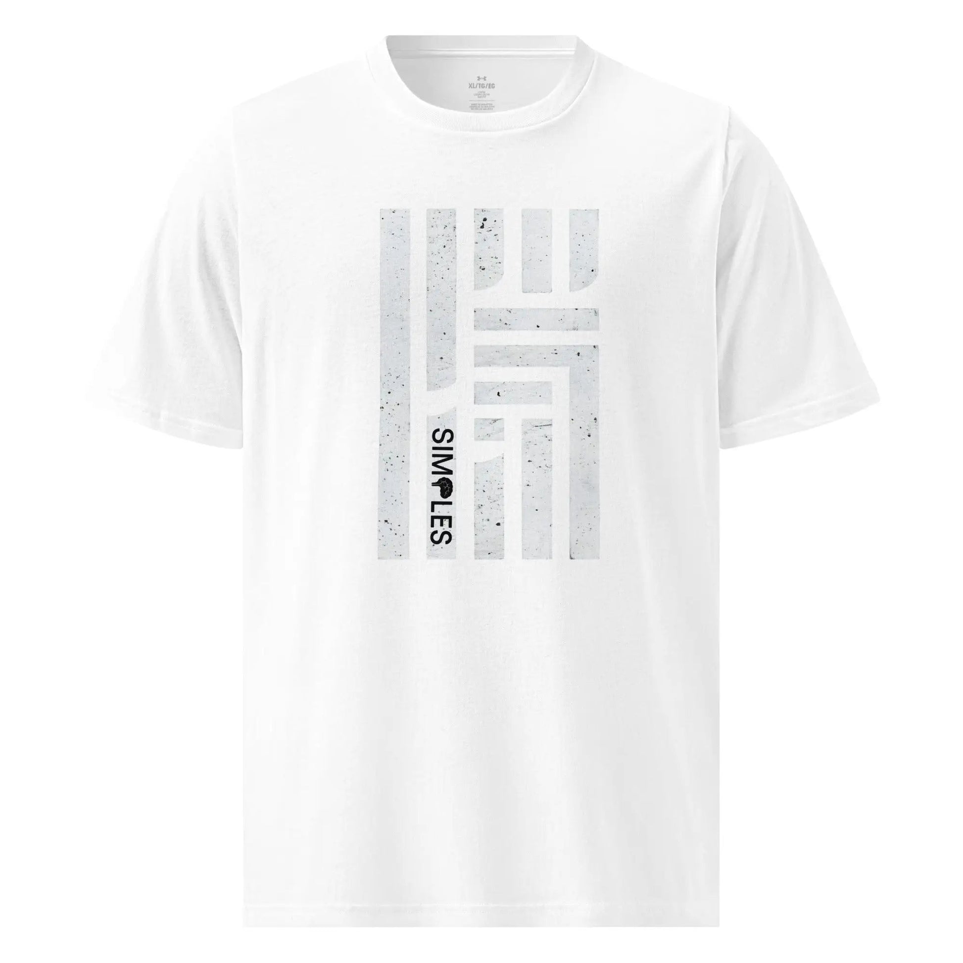 Under Armour athletic t-shirt, white with vertical light-gray bar graphic on front.