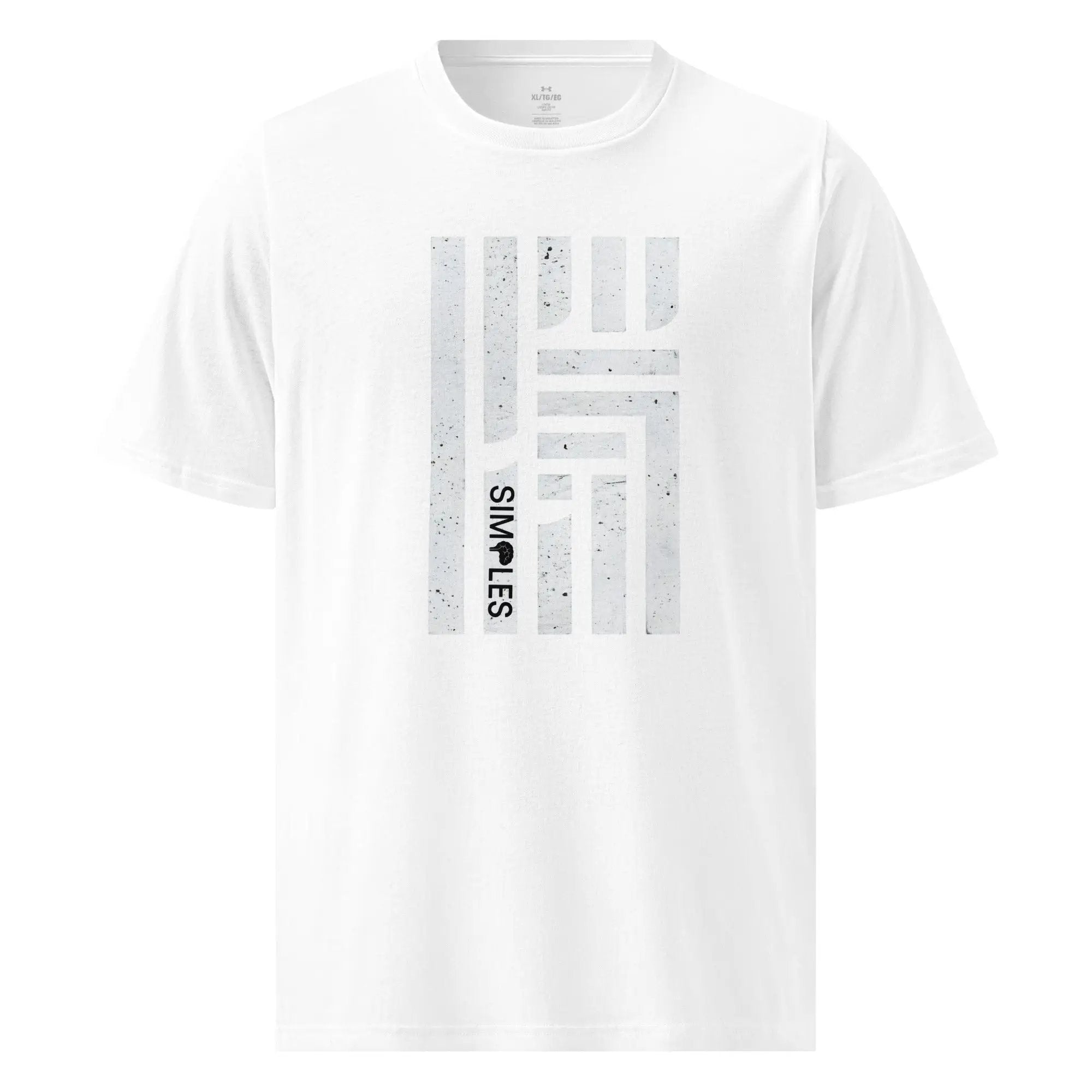 Under Armour athletic t-shirt, white with vertical light-gray bar graphic on front.