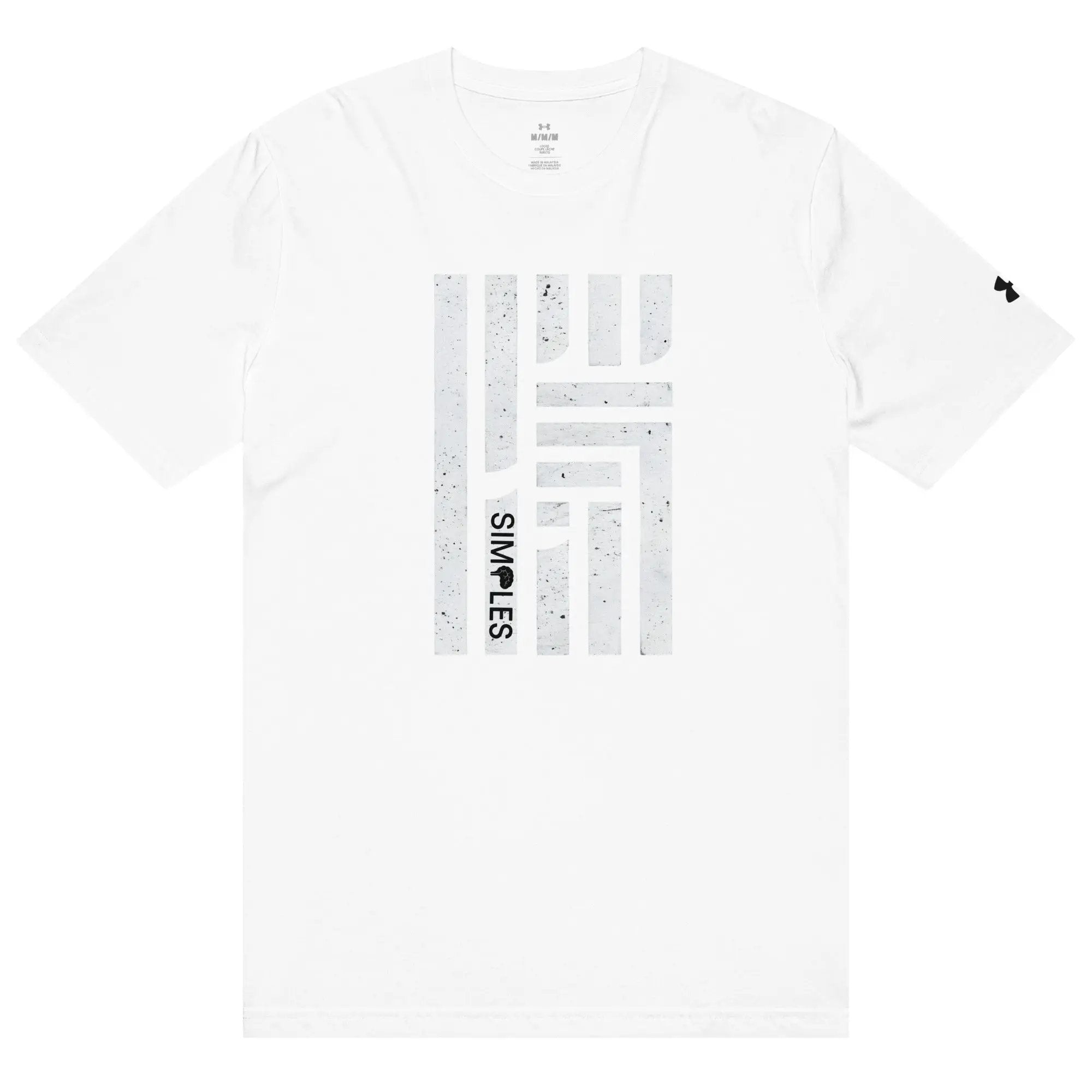 Under Armour athletic white t-shirt with large vertical distressed graphic print on front, UA logo on sleeve